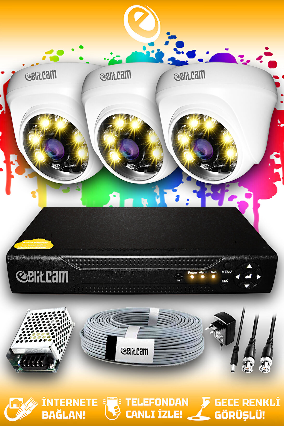 ELITCAM 3 Kameralı Dome 3 İç Kamera Set HDD'siz Full HD Renkli Gece Görüşlü Güvenlik Kamerası Sistemi