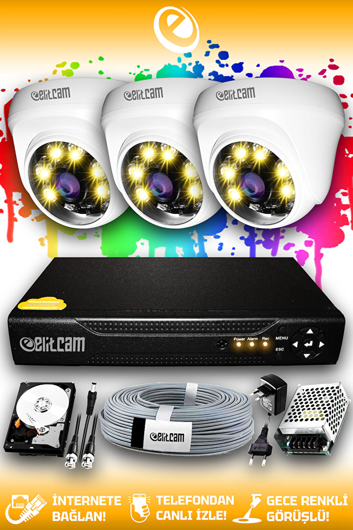 ELITCAM 3 Kameralı Dome 3 İç Kamera Set 100 GB HDD Full HD Renkli Gece Görüşlü Güvenlik Kamerası Sistemi