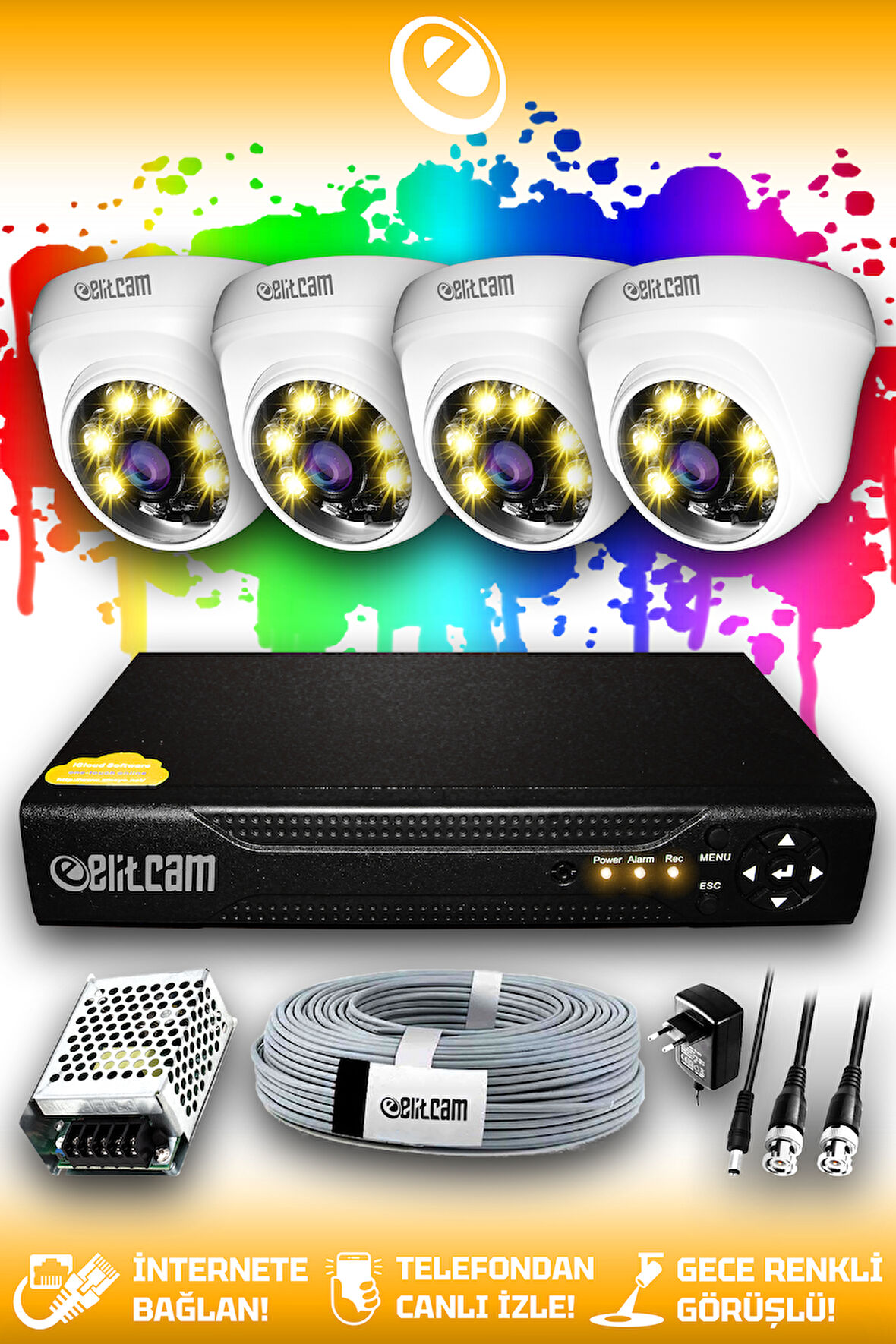 ELITCAM 4 Kameralı Dome 4 İç Kamera Set HDD'siz Full HD Renkli Gece Görüşlü Güvenlik Kamerası Sistemi
