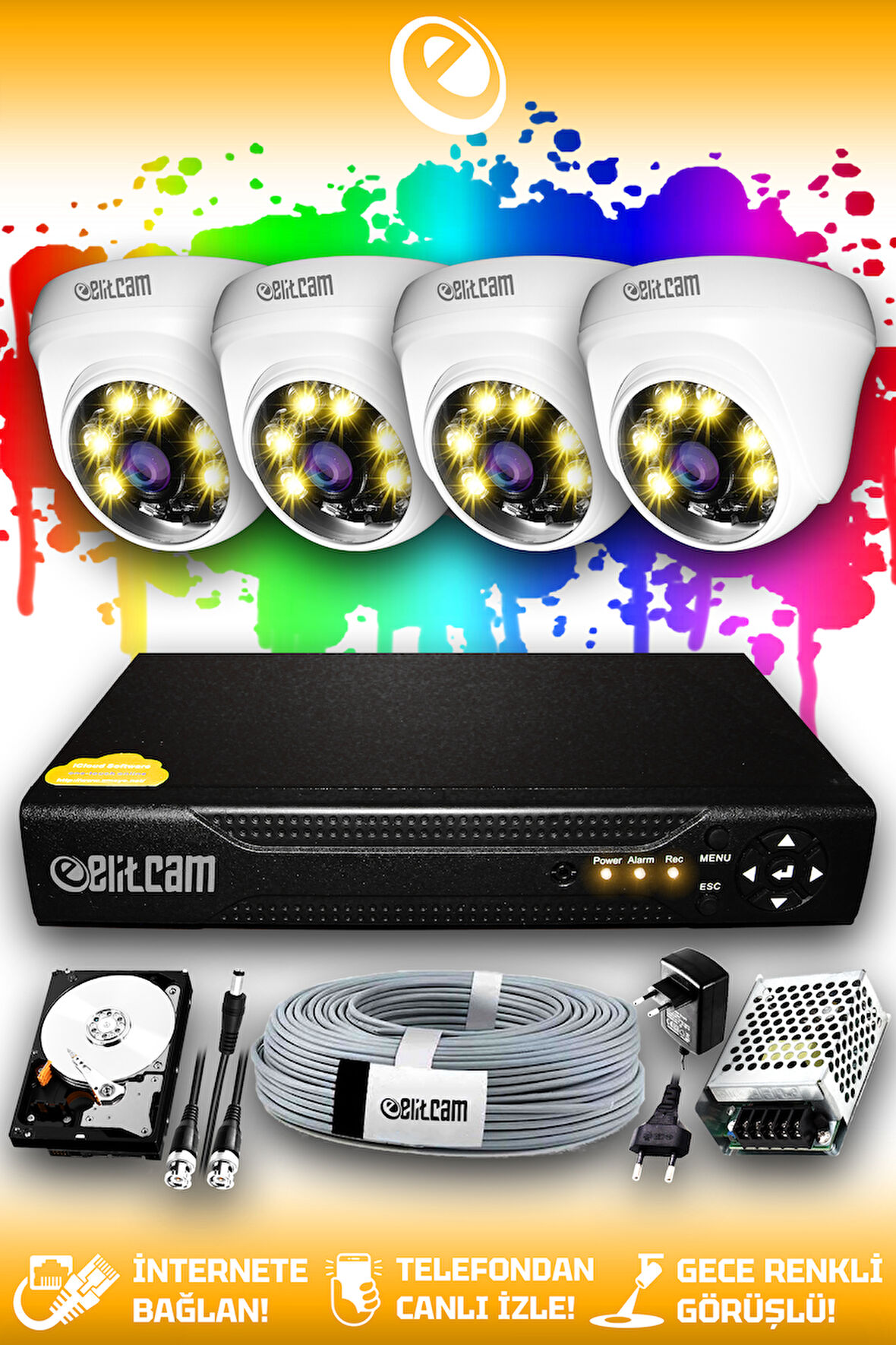 ELITCAM 4 Kameralı Dome 4 İç Kamera Set 100 GB HDD Full HD Renkli Gece Görüşlü Güvenlik Kamerası Sistemi