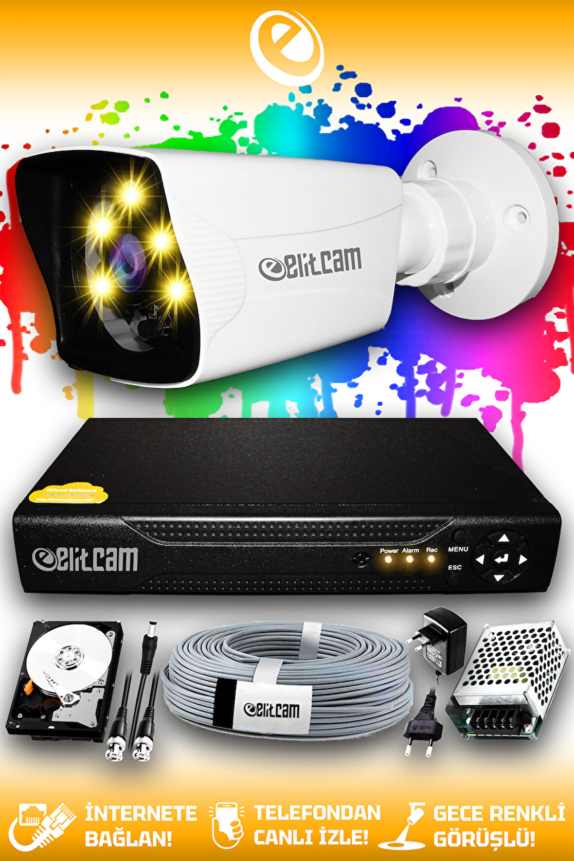 ELITCAM 1 Kameralı Kare 1 Dış Kamera Set 2 TB HDD Full HD Renkli Gece Görüşlü Güvenlik Kamerası Sistemi