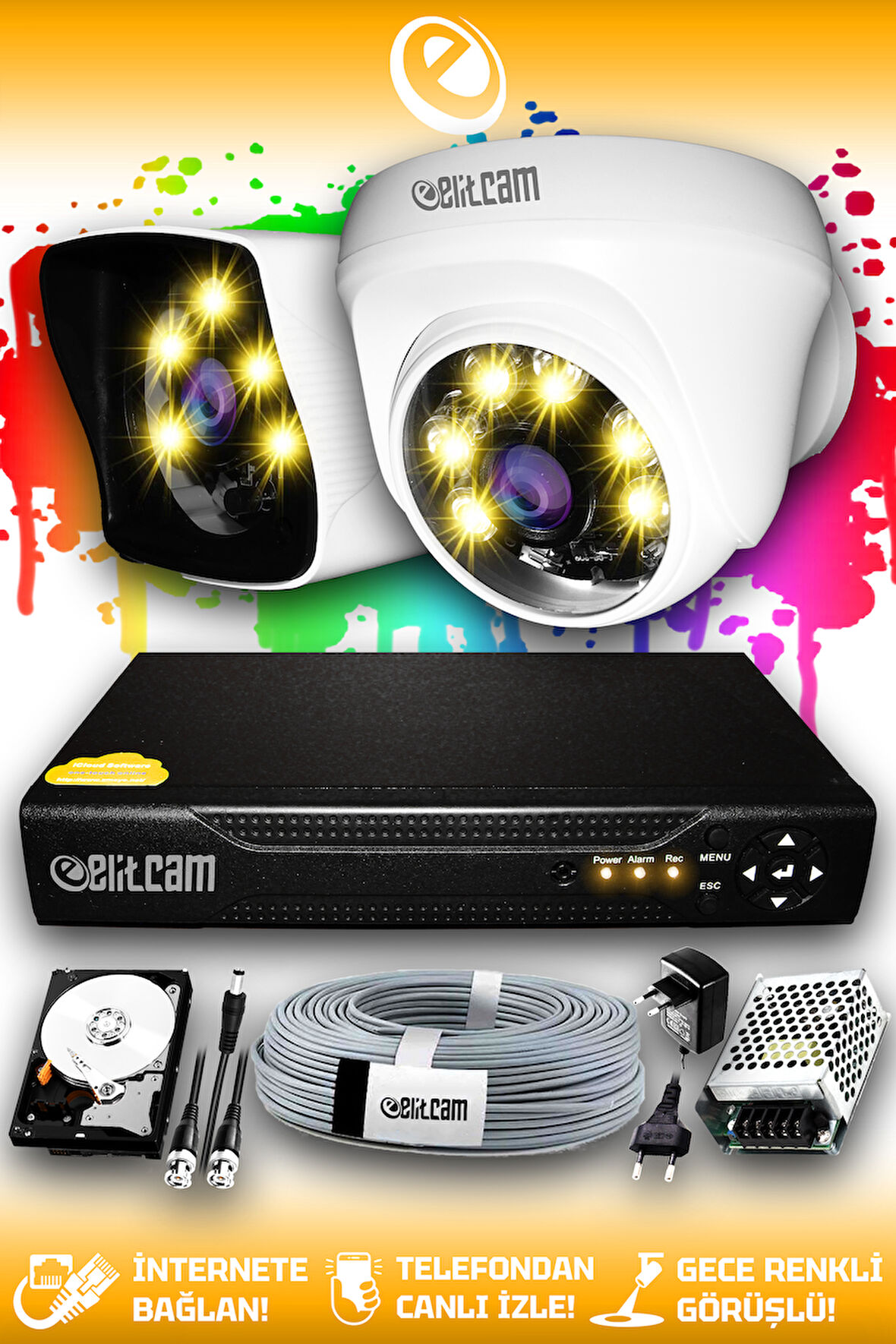 ELITCAM 2 Kameralı Kare 1 İç Kamera Set 250 GB HDD Full HD Renkli Gece Görüşlü Güvenlik Kamerası Sistemi