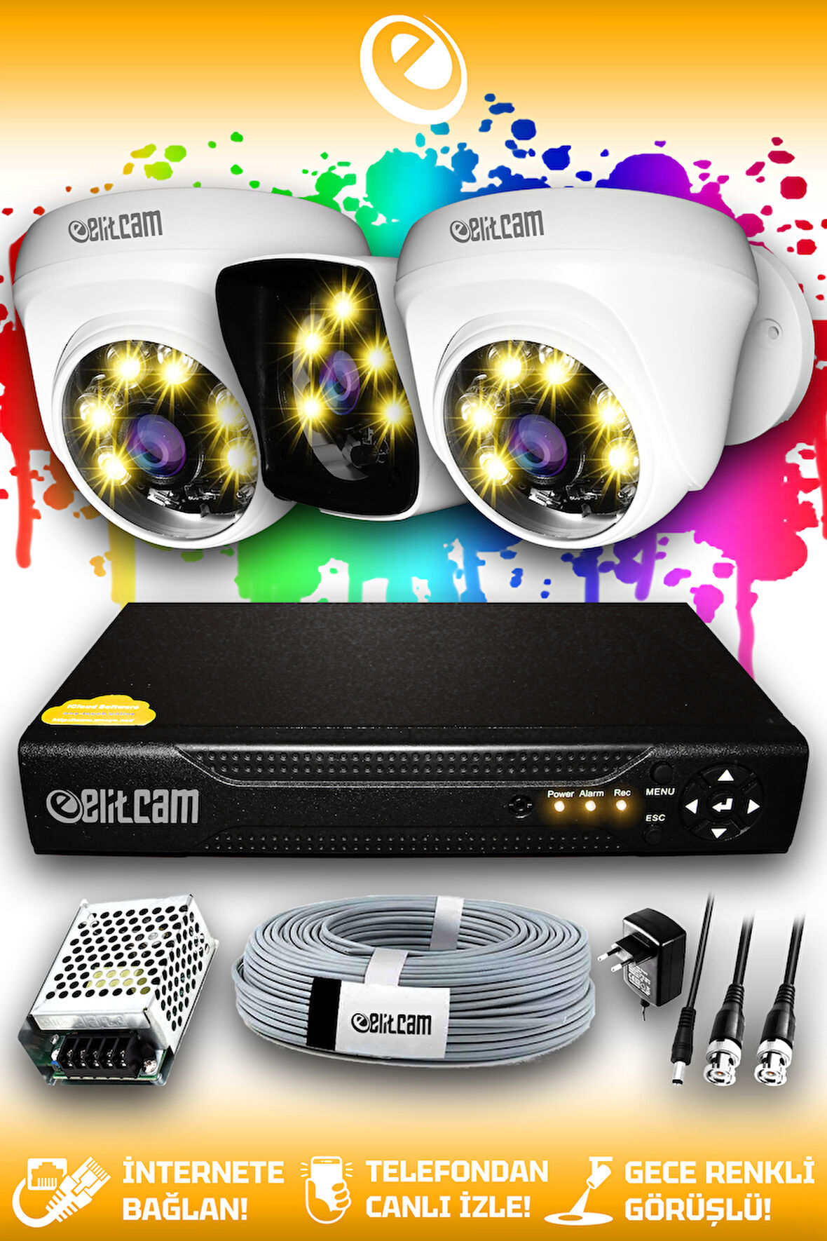ELITCAM 3 Kameralı Kare 2 İç Kamera Set HDD'siz Full HD Renkli Gece Görüşlü Güvenlik Kamerası Sistemi