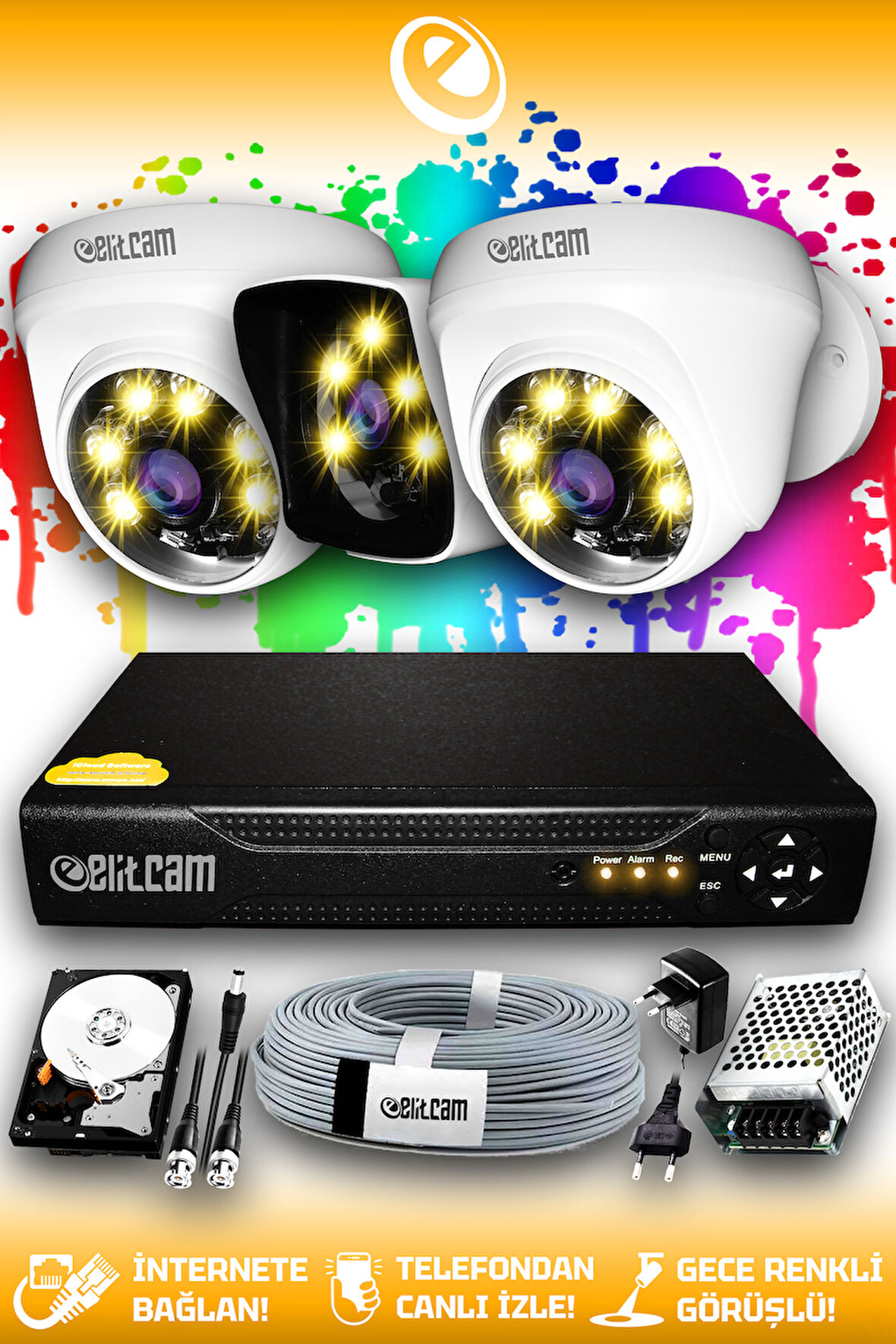 ELITCAM 3 Kameralı Kare 2 İç Kamera Set 1 TB HDD Full HD Renkli Gece Görüşlü Güvenlik Kamerası Sistemi