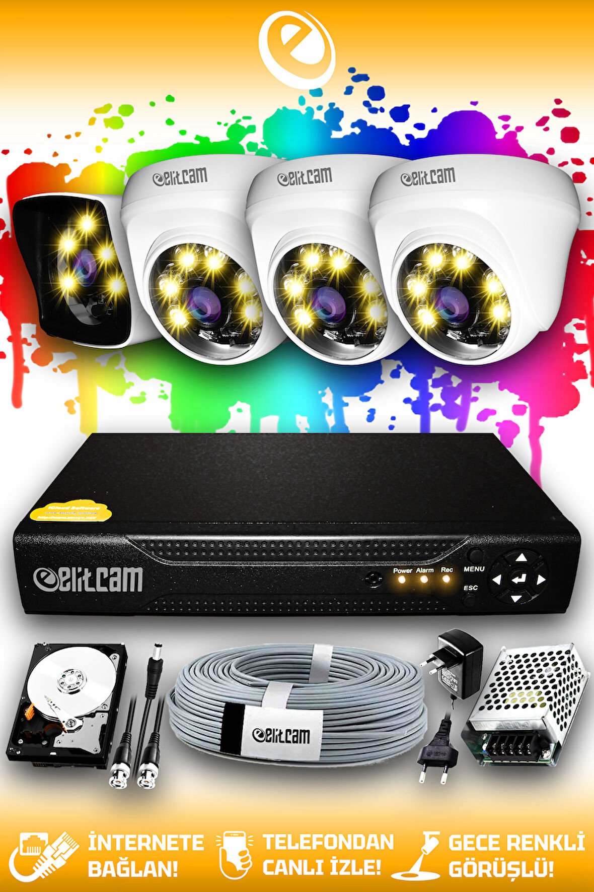 ELITCAM 4 Kameralı Kare 3 İç Kamera Set 1 TB HDD Full HD Renkli Gece Görüşlü Güvenlik Kamerası Sistemi