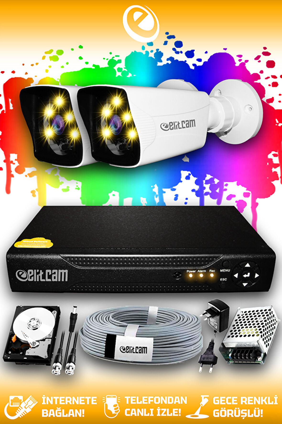 ELITCAM 2 Kameralı Kare 2 Dış Kamera Set 320 GB HDD Full HD Renkli Gece Görüşlü Güvenlik Kamerası Sistemi