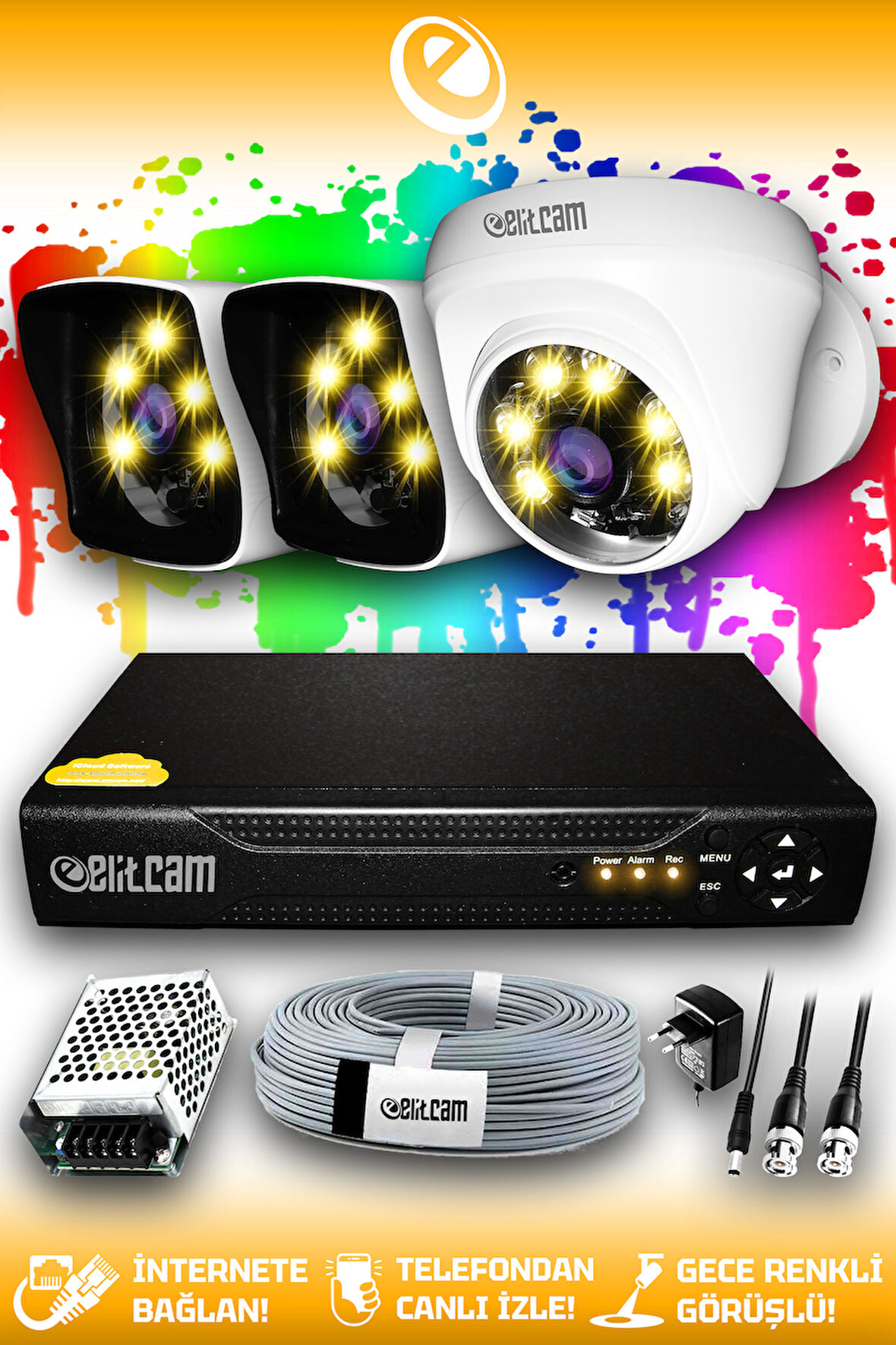ELITCAM 3 Kameralı Kare 1 İç Kamera Set HDD'siz Full HD Renkli Gece Görüşlü Güvenlik Kamerası Sistemi