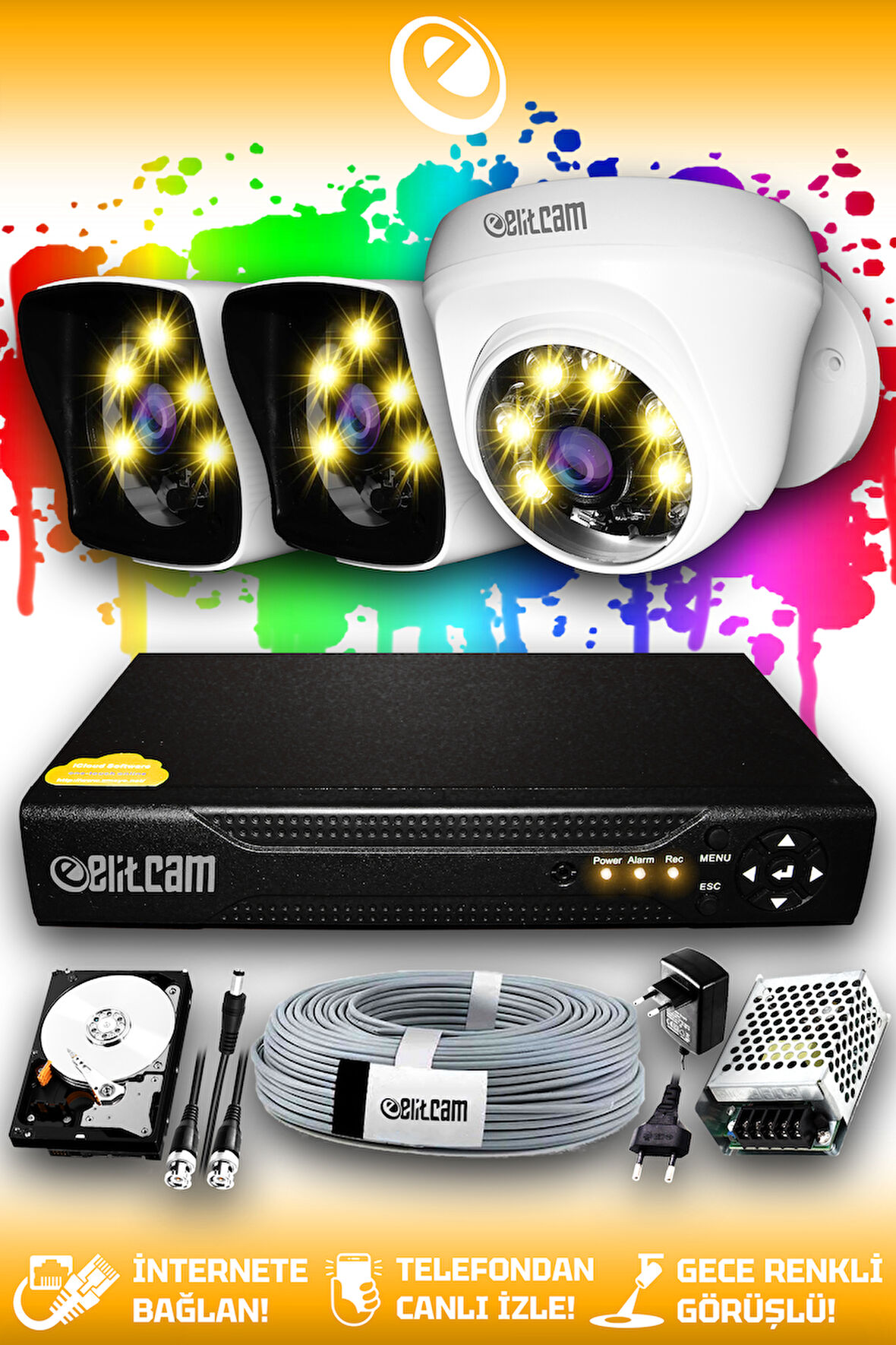 ELITCAM 3 Kameralı Kare 1 İç Kamera Set 250 GB HDD Full HD Renkli Gece Görüşlü Güvenlik Kamerası Sistemi