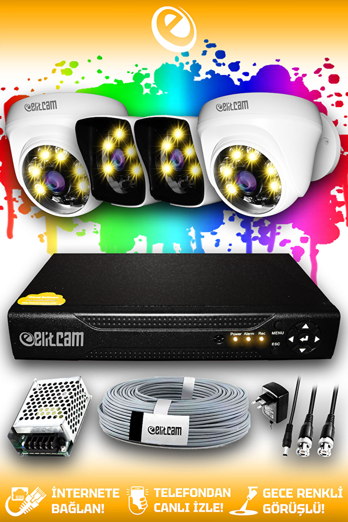 ELITCAM 4 Kameralı Kare 2 İç Kamera Set HDD'siz Full HD Renkli Gece Görüşlü Güvenlik Kamerası Sistemi