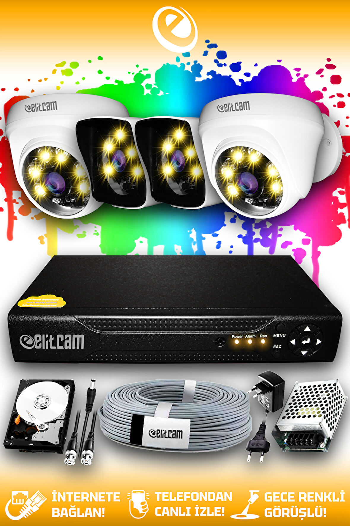 ELITCAM 4 Kameralı Kare 2 İç Kamera Set 500 GB HDD Full HD Renkli Gece Görüşlü Güvenlik Kamerası Sistemi