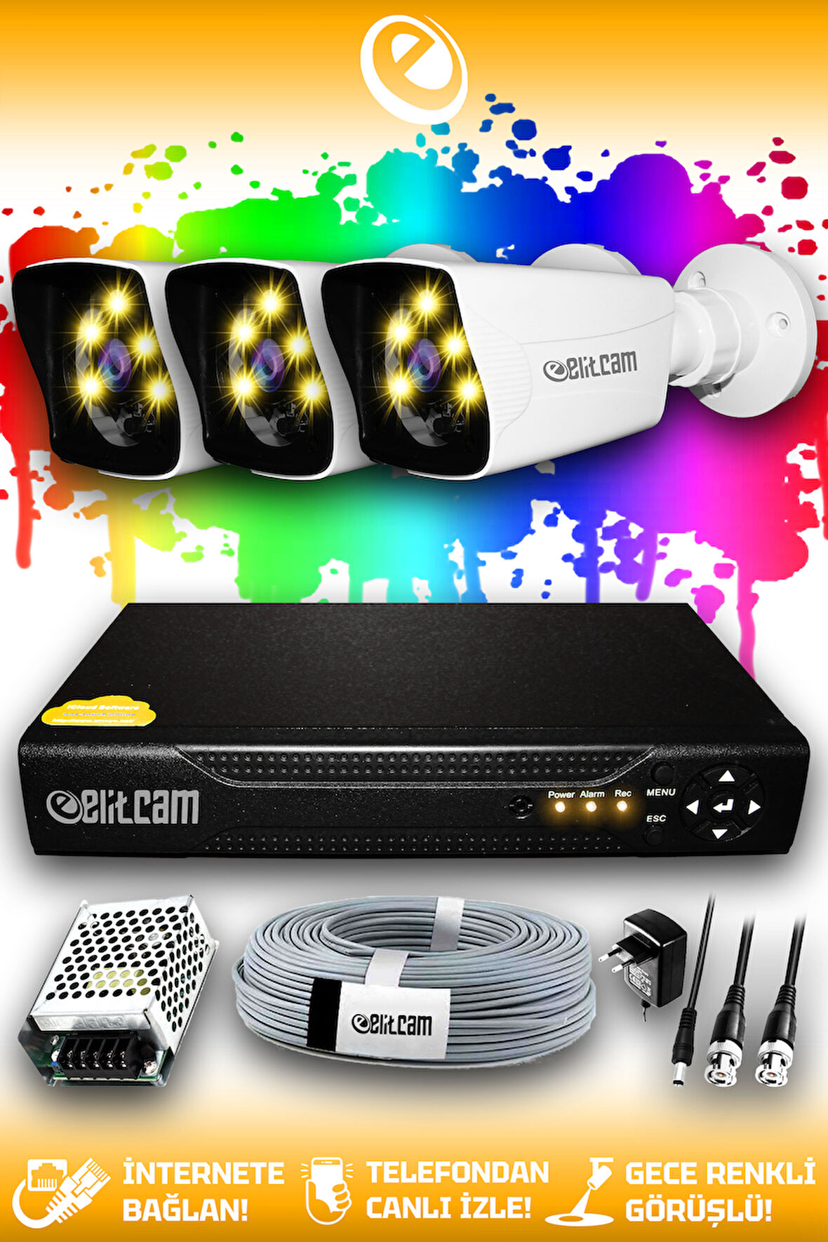 ELITCAM 3 Kameralı Kare 3 Dış Kamera Set HDD'siz Full HD Renkli Gece Görüşlü Güvenlik Kamerası Sistemi