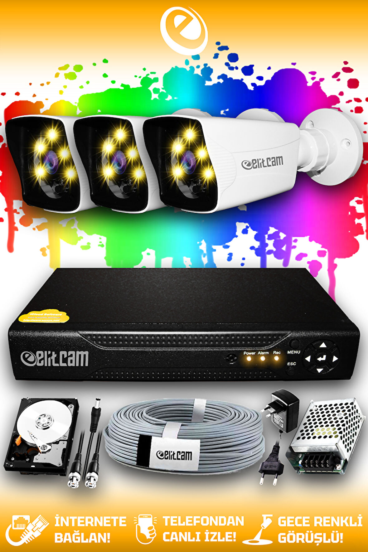 ELITCAM 3 Kameralı Kare 3 Dış Kamera Set 100 GB HDD Full HD Renkli Gece Görüşlü Güvenlik Kamerası Sistemi