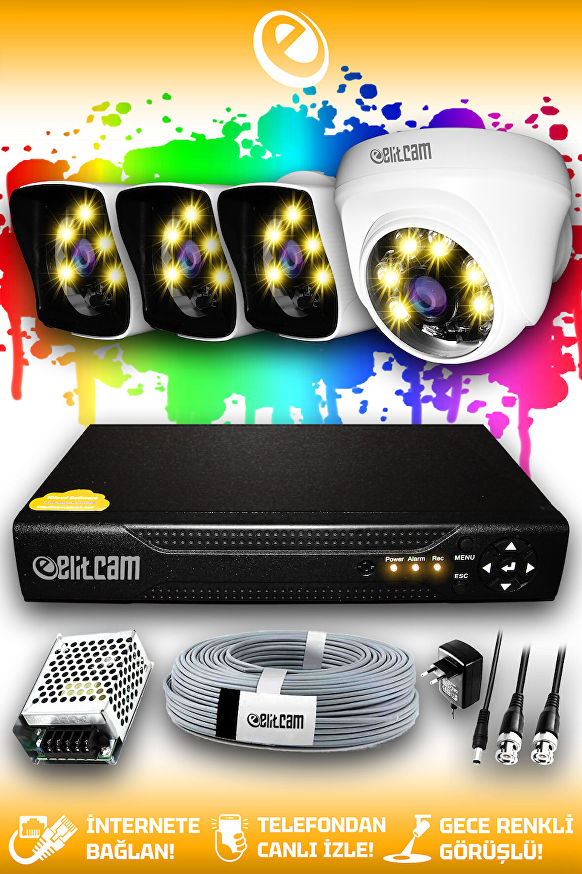 ELITCAM 4 Kameralı Kare 1 İç Kamera Set HDD'siz Full HD Renkli Gece Görüşlü Güvenlik Kamerası Sistemi