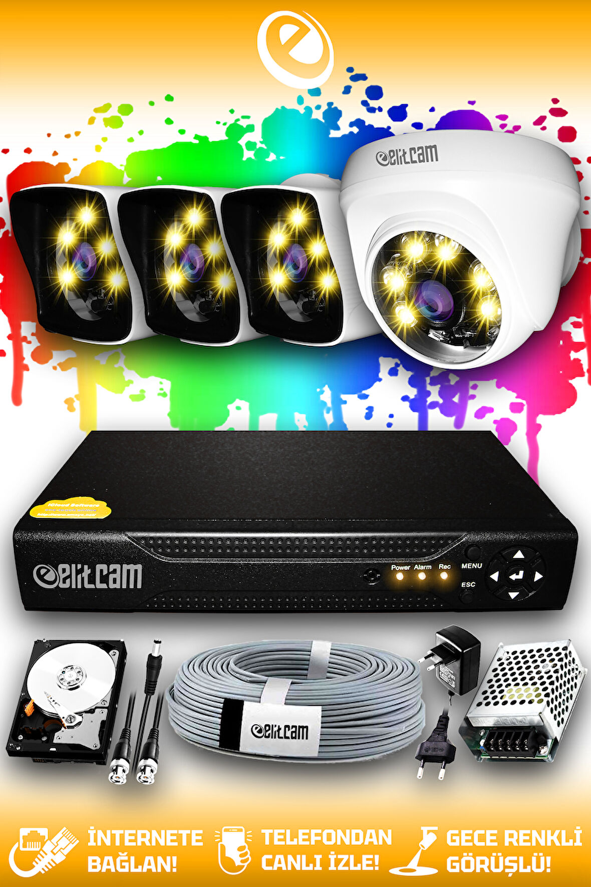 ELITCAM 4 Kameralı Kare 1 İç Kamera Set 500 GB HDD Full HD Renkli Gece Görüşlü Güvenlik Kamerası Sistemi