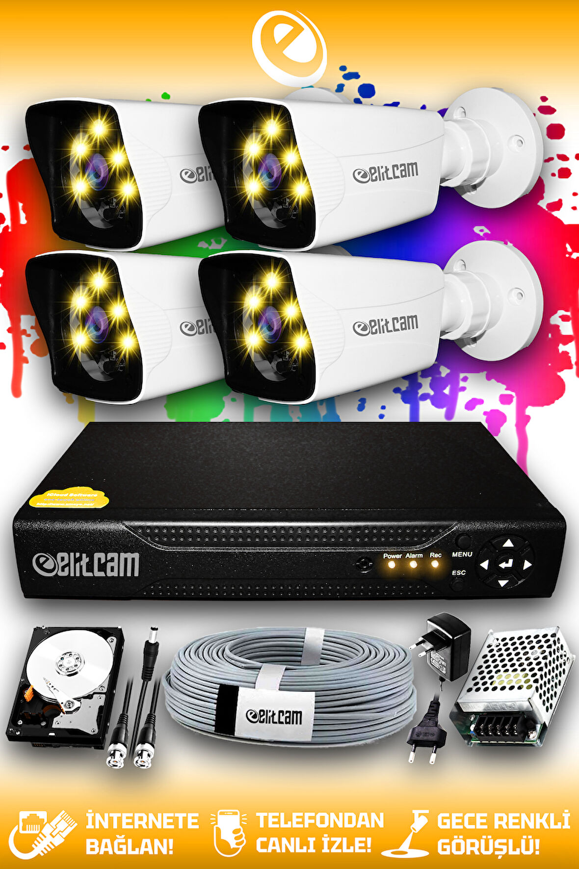 ELITCAM 4 Kameralı Kare 4 Dış Kamera Set 250 GB HDD Full HD Renkli Gece Görüşlü Güvenlik Kamerası Sistemi