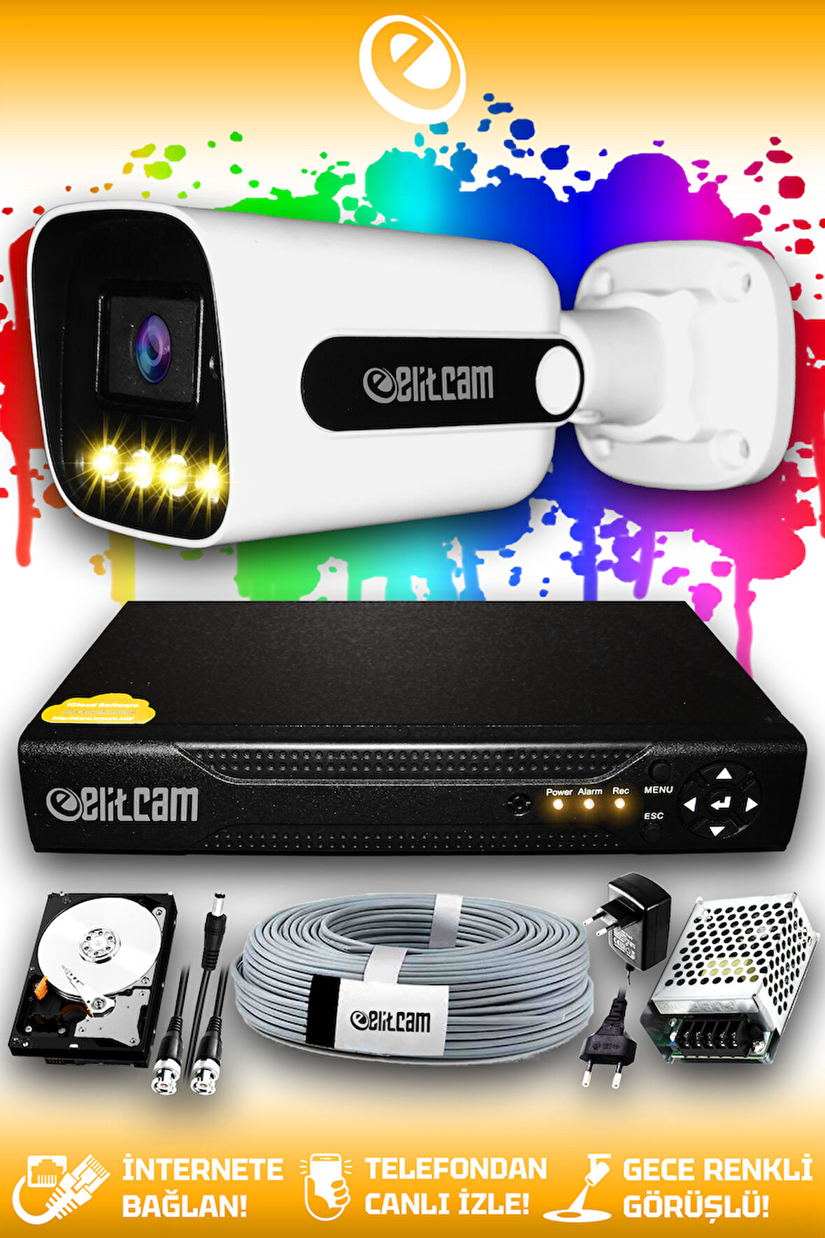 ELITCAM 1 Kameralı Zebra 1 Dış Kamera Set 500 GB HDD Full HD Renkli Gece Görüşlü Güvenlik Kamerası Sistemi