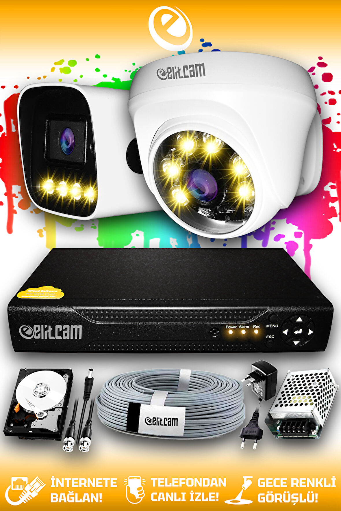 ELITCAM 2 Kameralı Zebra 1 İç Kamera Set 1 TB HDD Full HD Renkli Gece Görüşlü Güvenlik Kamerası Sistemi