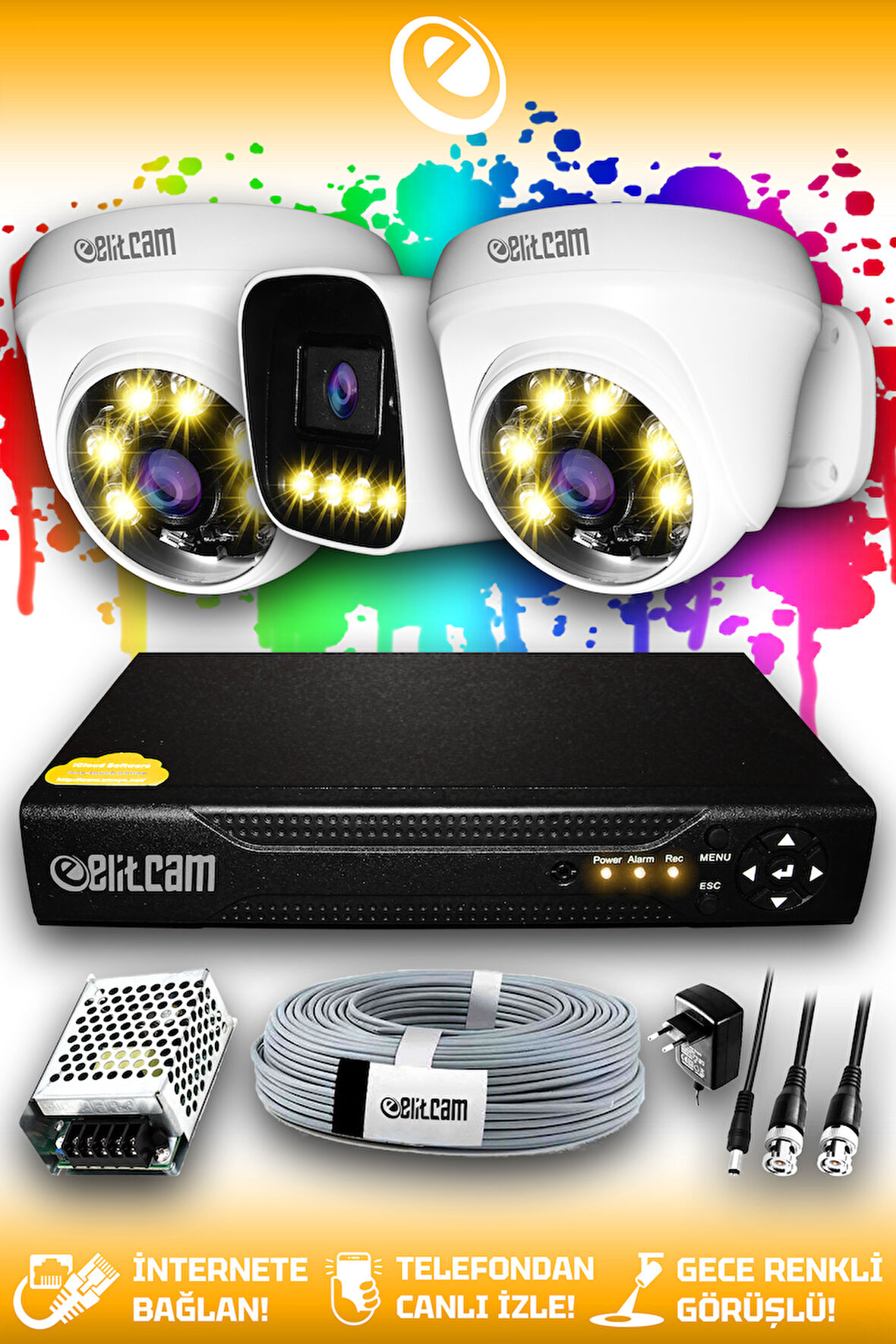ELITCAM 3 Kameralı Zebra 2 İç Kamera Set HDD'siz Full HD Renkli Gece Görüşlü Güvenlik Kamerası Sistemi