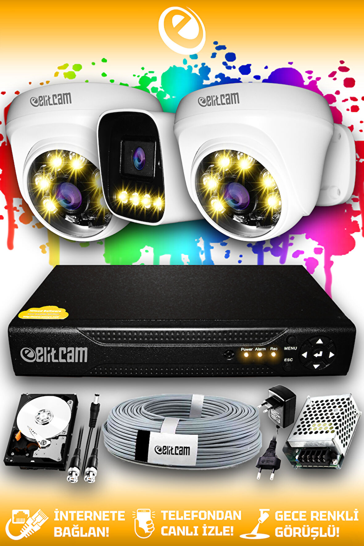 ELITCAM 3 Kameralı Zebra 2 İç Kamera Set 1 TB HDD Full HD Renkli Gece Görüşlü Güvenlik Kamerası Sistemi