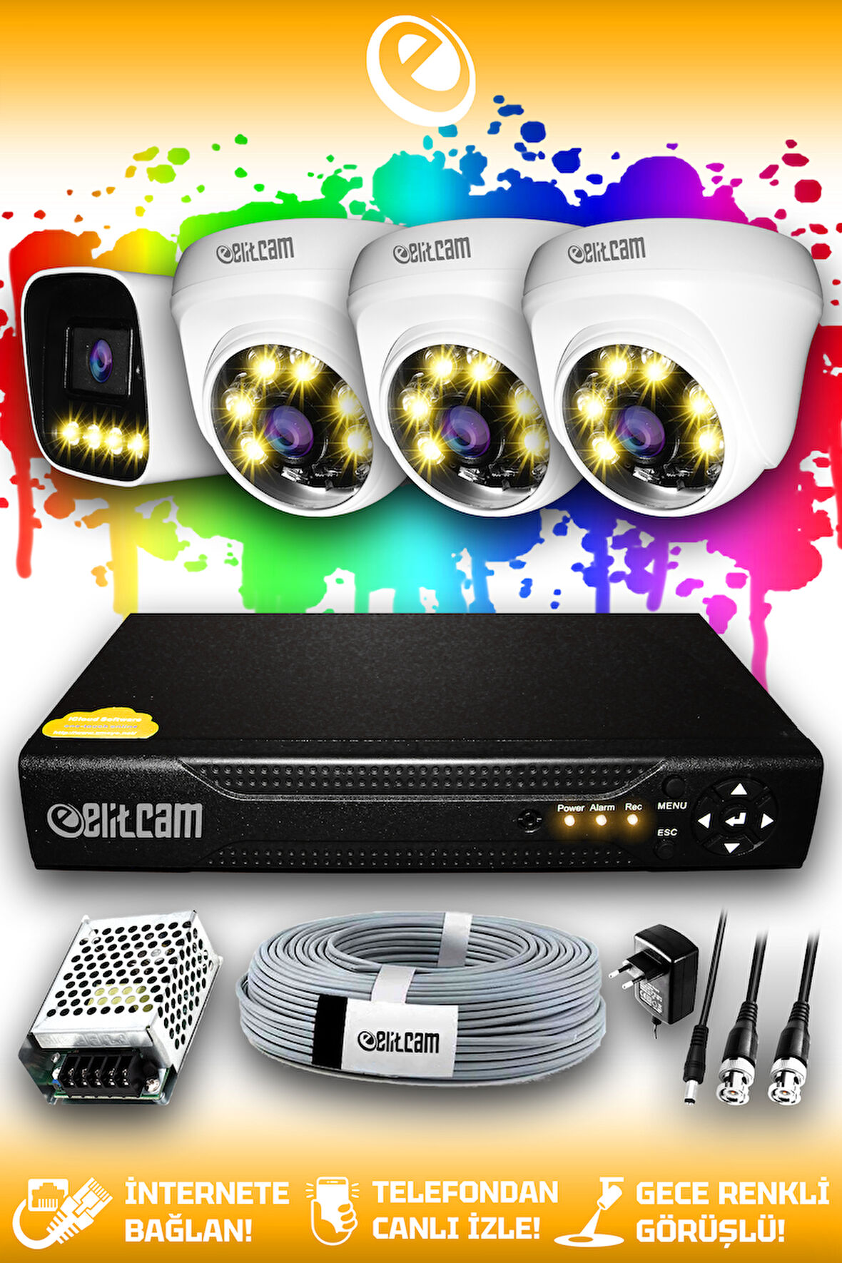 ELITCAM 4 Kameralı Zebra 3 İç Kamera Set HDD'siz Full HD Renkli Gece Görüşlü Güvenlik Kamerası Sistemi