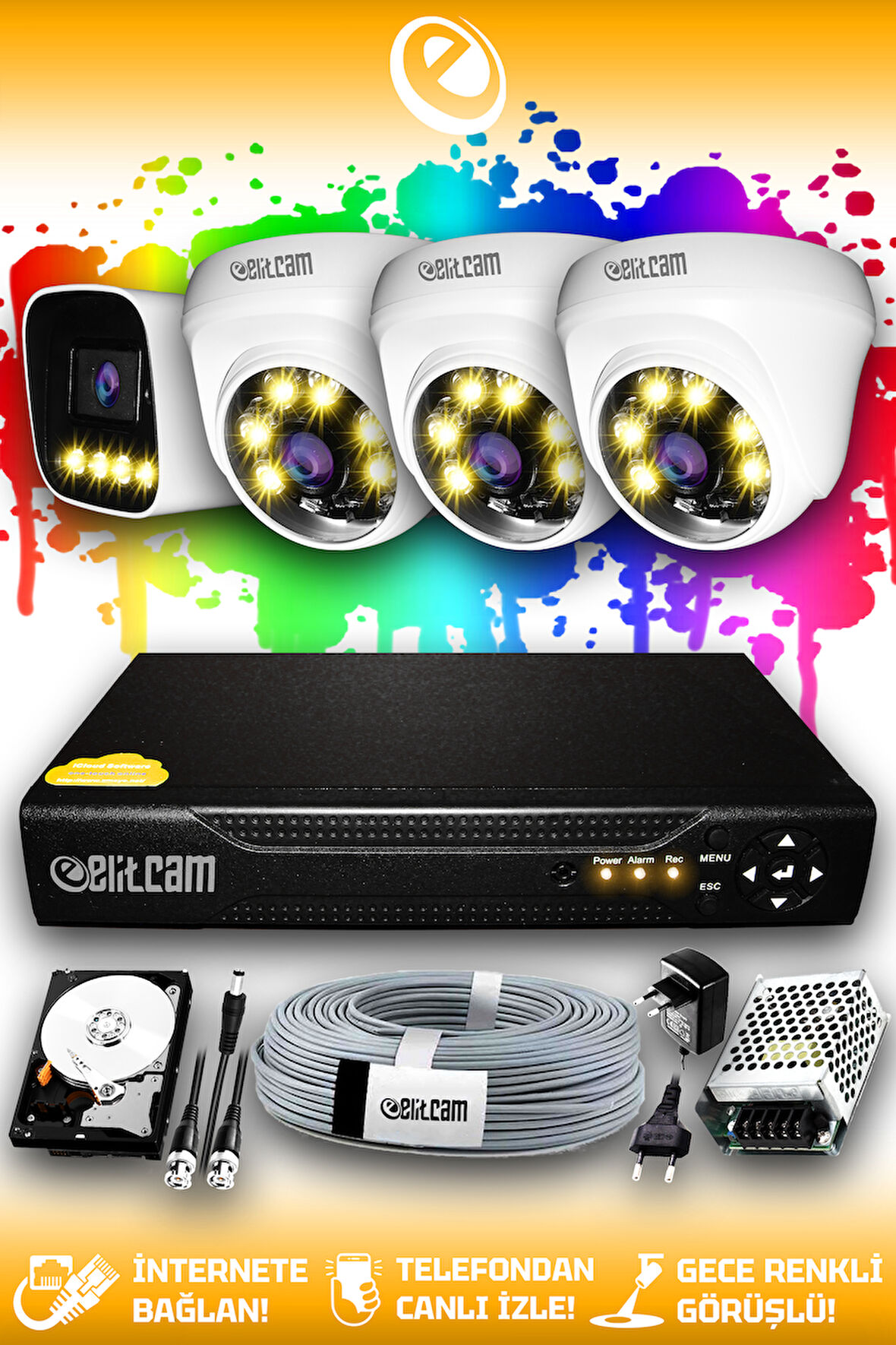 ELITCAM 4 Kameralı Zebra 3 İç Kamera Set 1 TB HDD Full HD Renkli Gece Görüşlü Güvenlik Kamerası Sistemi