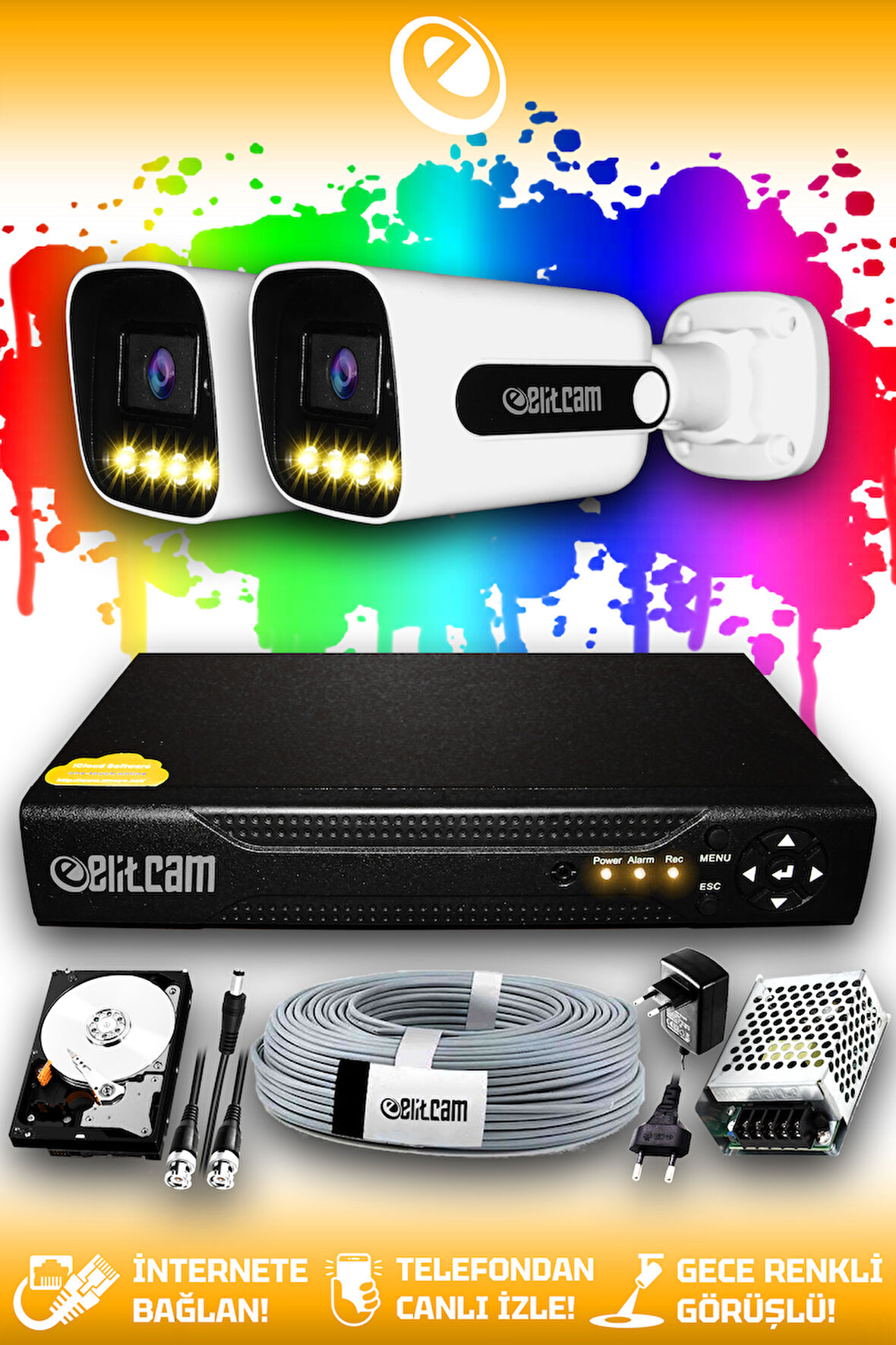 ELITCAM 2 Kameralı Zebra 2 Dış Kamera Set 100 GB HDD Full HD Renkli Gece Görüşlü Güvenlik Kamerası Sistemi