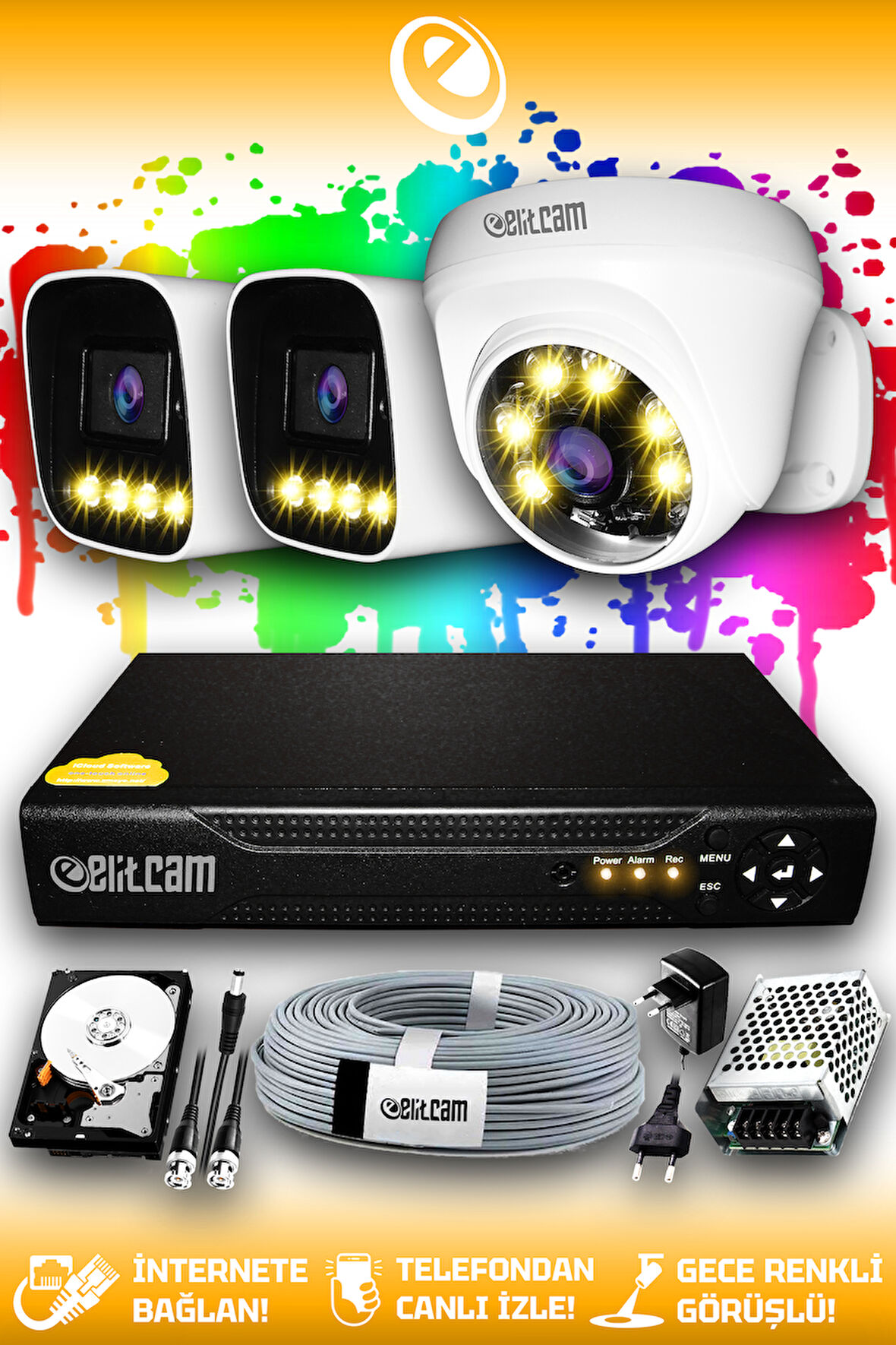 ELITCAM 3 Kameralı Zebra 1 İç Kamera Set 100 GB HDD Full HD Renkli Gece Görüşlü Güvenlik Kamerası Sistemi