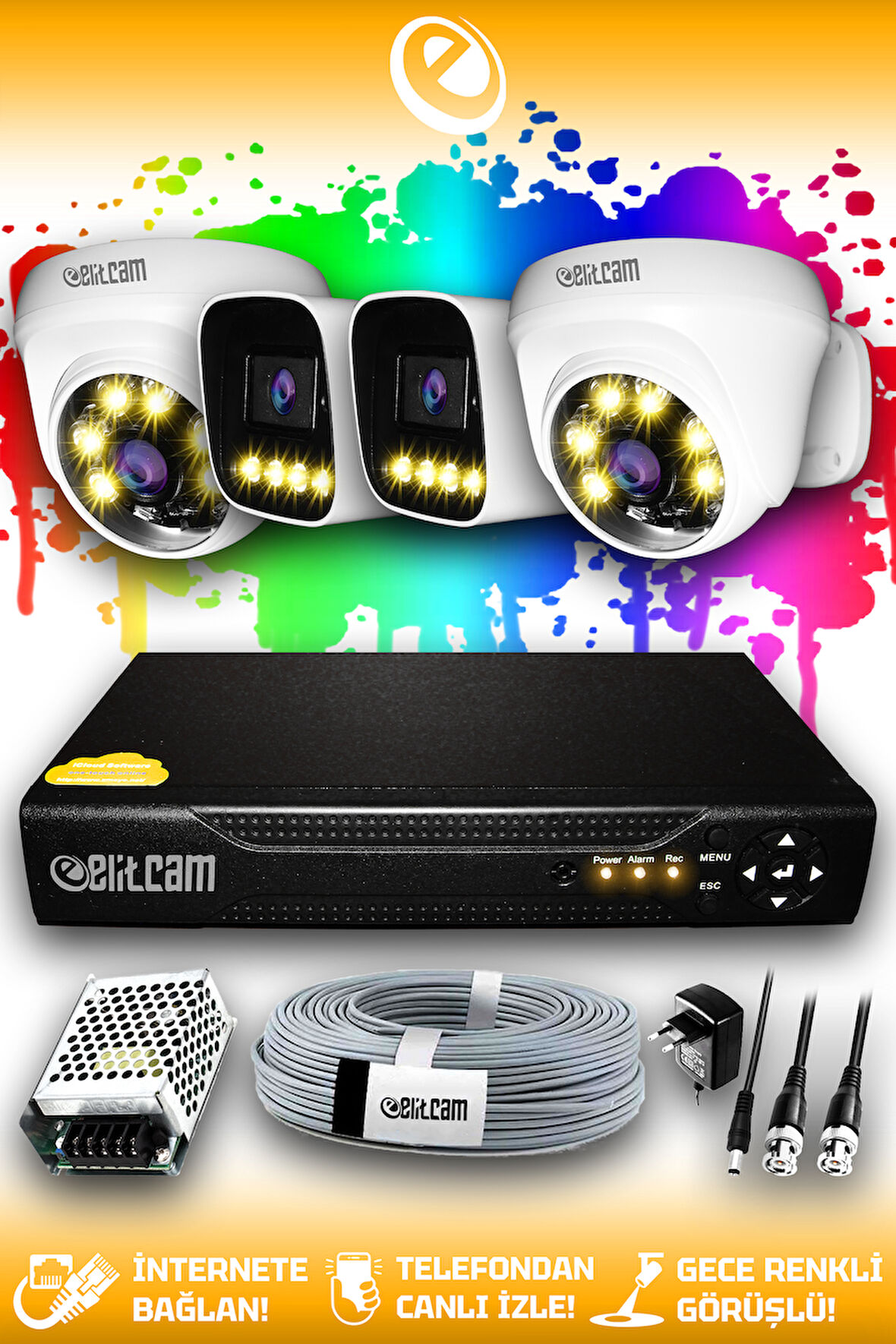ELITCAM 4 Kameralı Zebra 2 İç Kamera Set HDD'siz Full HD Renkli Gece Görüşlü Güvenlik Kamerası Sistemi