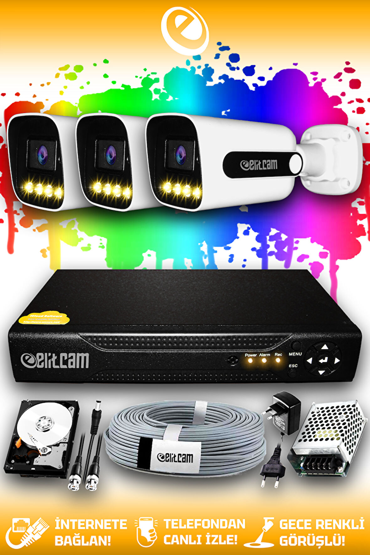 ELITCAM 3 Kameralı Zebra 3 Dış Kamera Set 250 GB HDD Full HD Renkli Gece Görüşlü Güvenlik Kamerası Sistemi