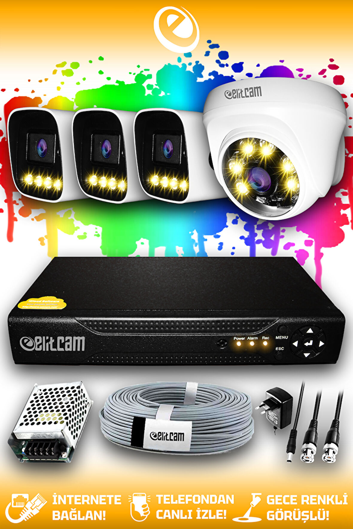 ELITCAM 4 Kameralı Zebra 1 İç Kamera Set HDD'siz Full HD Renkli Gece Görüşlü Güvenlik Kamerası Sistemi