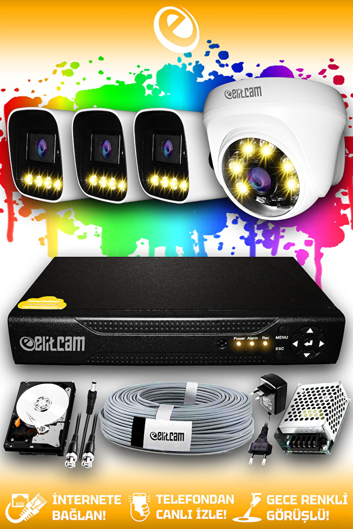 ELITCAM 4 Kameralı Zebra 1 İç Kamera Set 100 GB HDD Full HD Renkli Gece Görüşlü Güvenlik Kamerası Sistemi