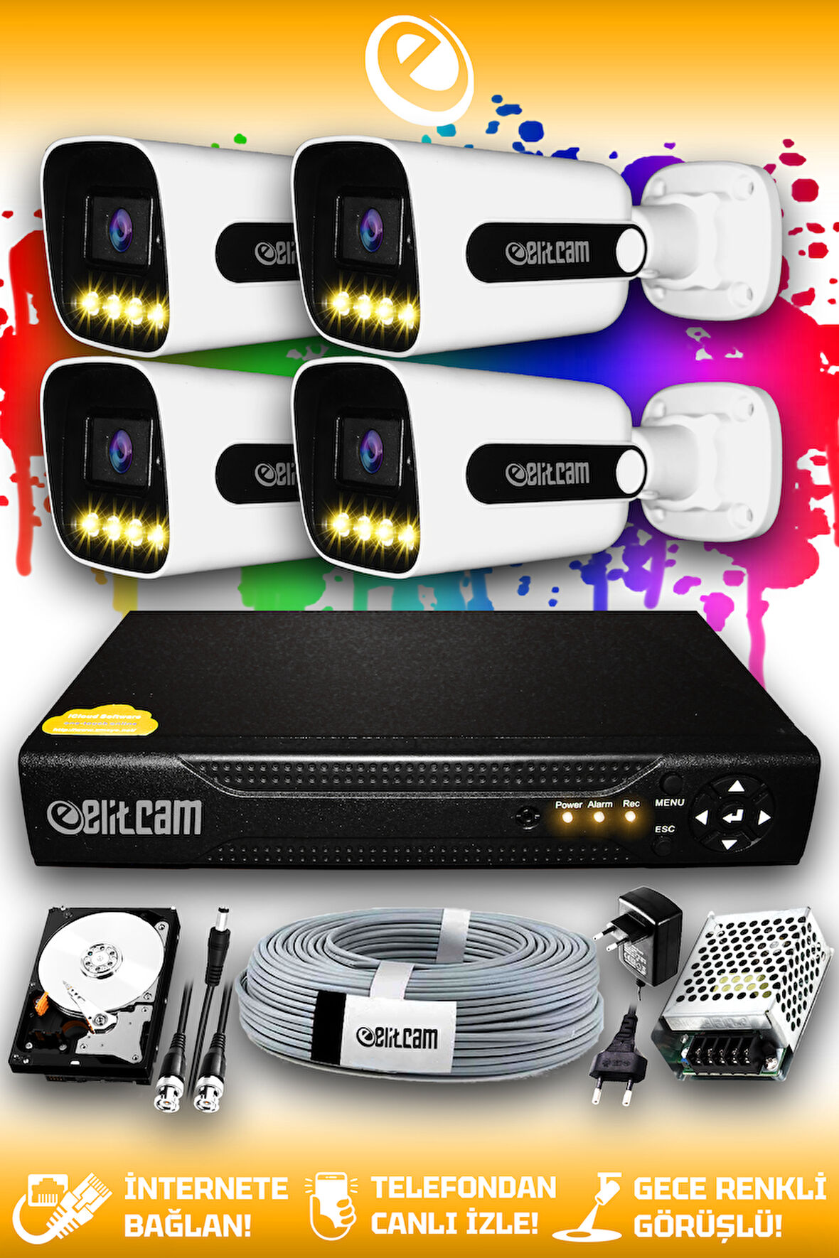 ELITCAM 4 Kameralı Zebra 4 Dış Kamera Set 500 GB HDD Full HD Renkli Gece Görüşlü Güvenlik Kamerası Sistemi