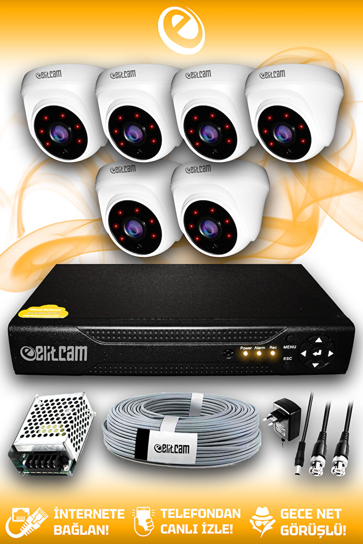 ELITCAM 6 Kameralı Dome 6 İç Kamera Set HDD'siz Full HD Gece Görüşlü Güvenlik Kamerası Sistemi