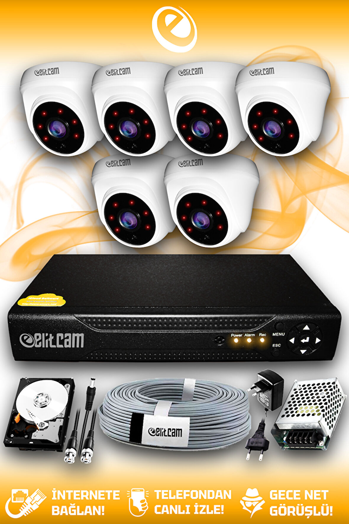 ELITCAM 6 Kameralı Dome 6 İç Kamera Set 100 GB HDD Full HD Gece Görüşlü Güvenlik Kamerası Sistemi