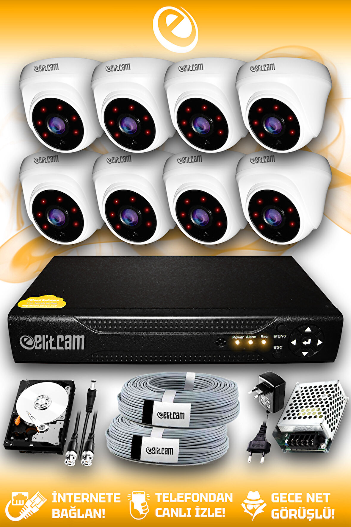 ELITCAM 8 Kameralı Dome 8 İç Kamera Set 2 TB HDD Full HD Gece Görüşlü Güvenlik Kamerası Sistemi