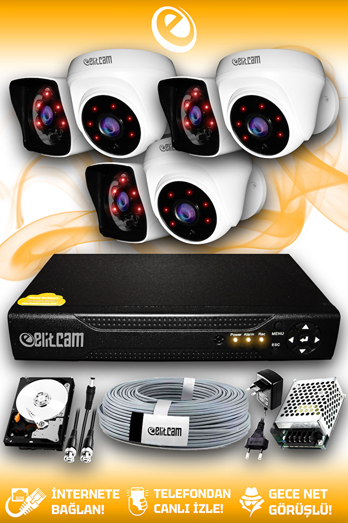 ELITCAM 6 Kameralı Kare 3 İç Kamera Set 500 GB HDD Full HD Gece Görüşlü Güvenlik Kamerası Sistemi