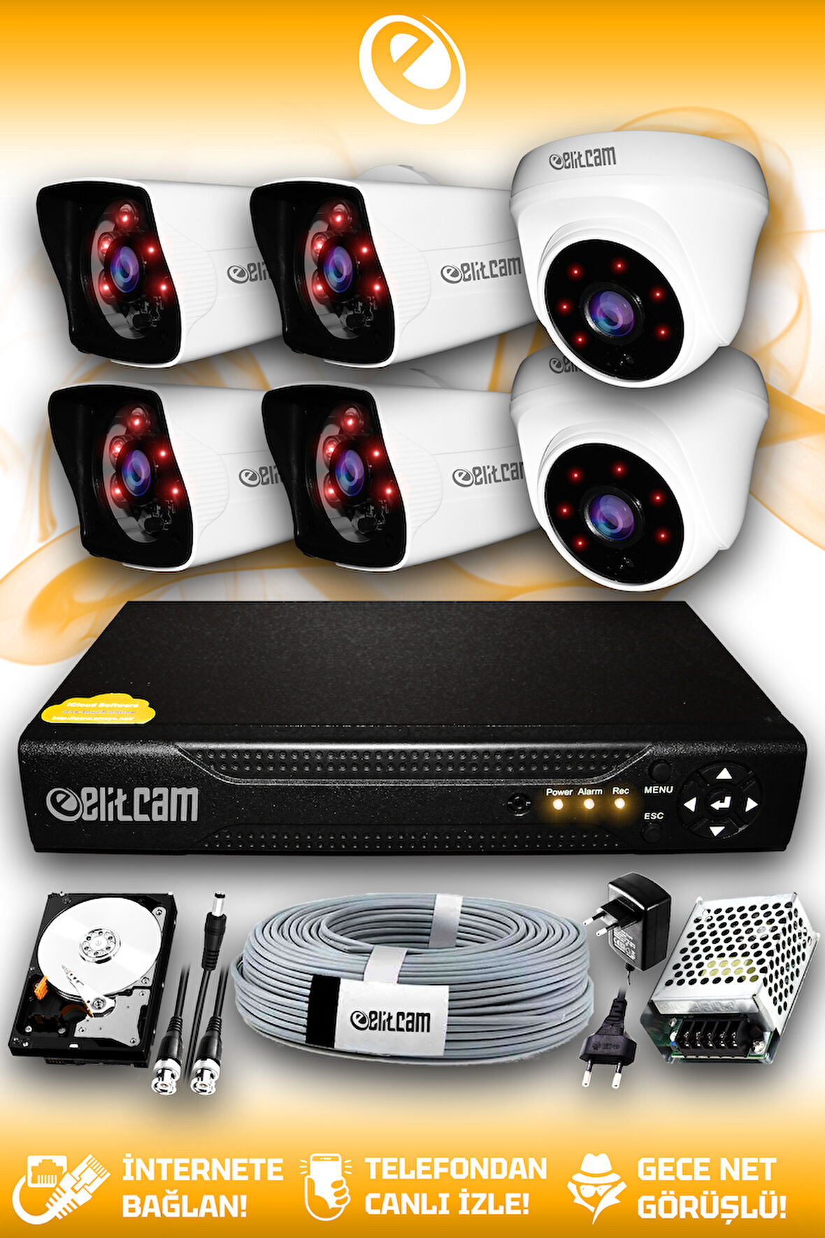 ELITCAM 6 Kameralı Kare 2 İç Kamera Set 100 GB HDD Full HD Gece Görüşlü Güvenlik Kamerası Sistemi