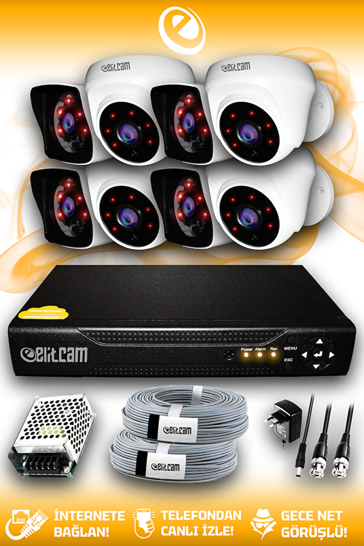 ELITCAM 8 Kameralı Kare 4 İç Kamera Set HDD'siz Full HD Gece Görüşlü Güvenlik Kamerası Sistemi