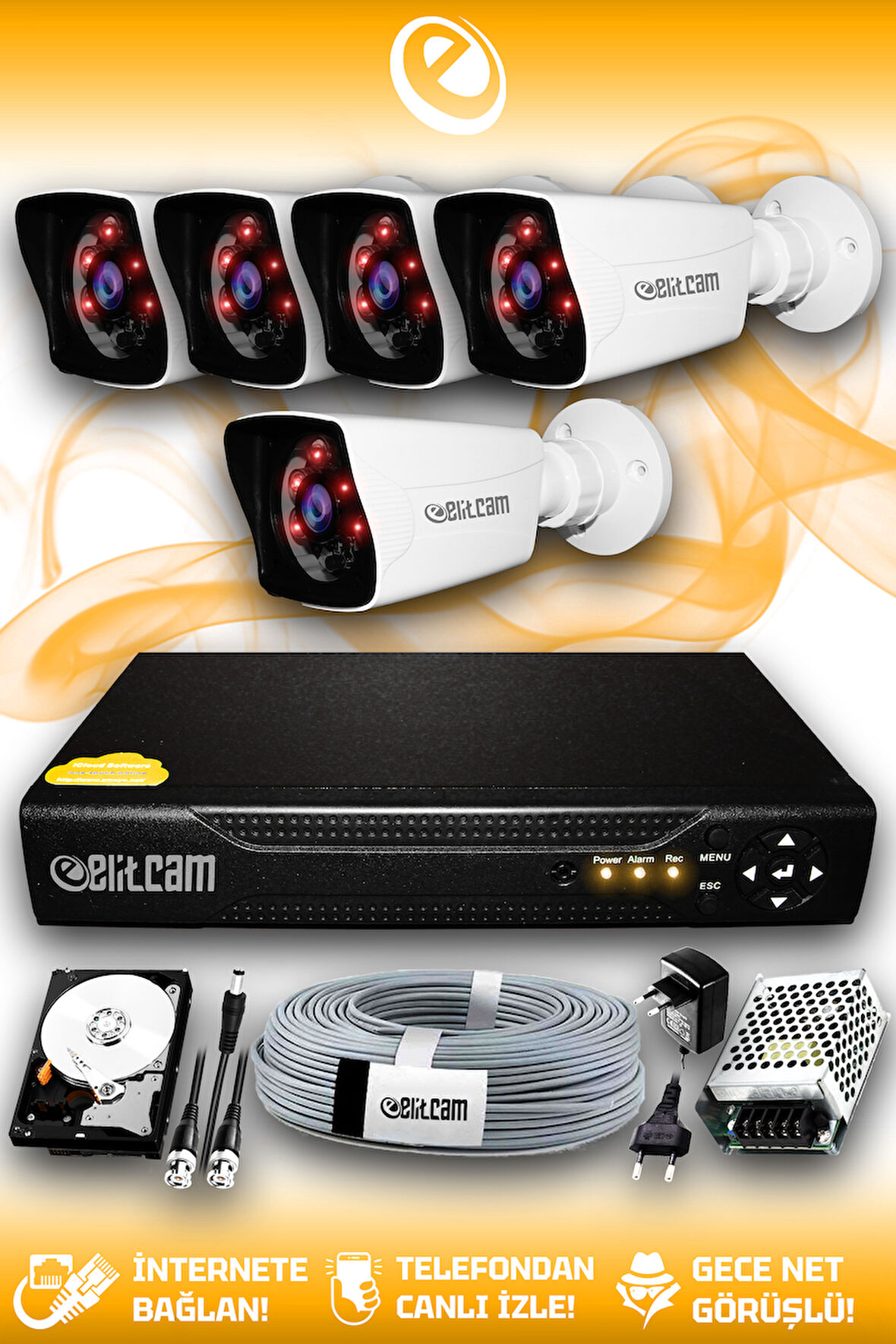 ELITCAM 5 Kameralı Kare 5 Dış Kamera Set 250 GB HDD Full HD Gece Görüşlü Güvenlik Kamerası Sistemi