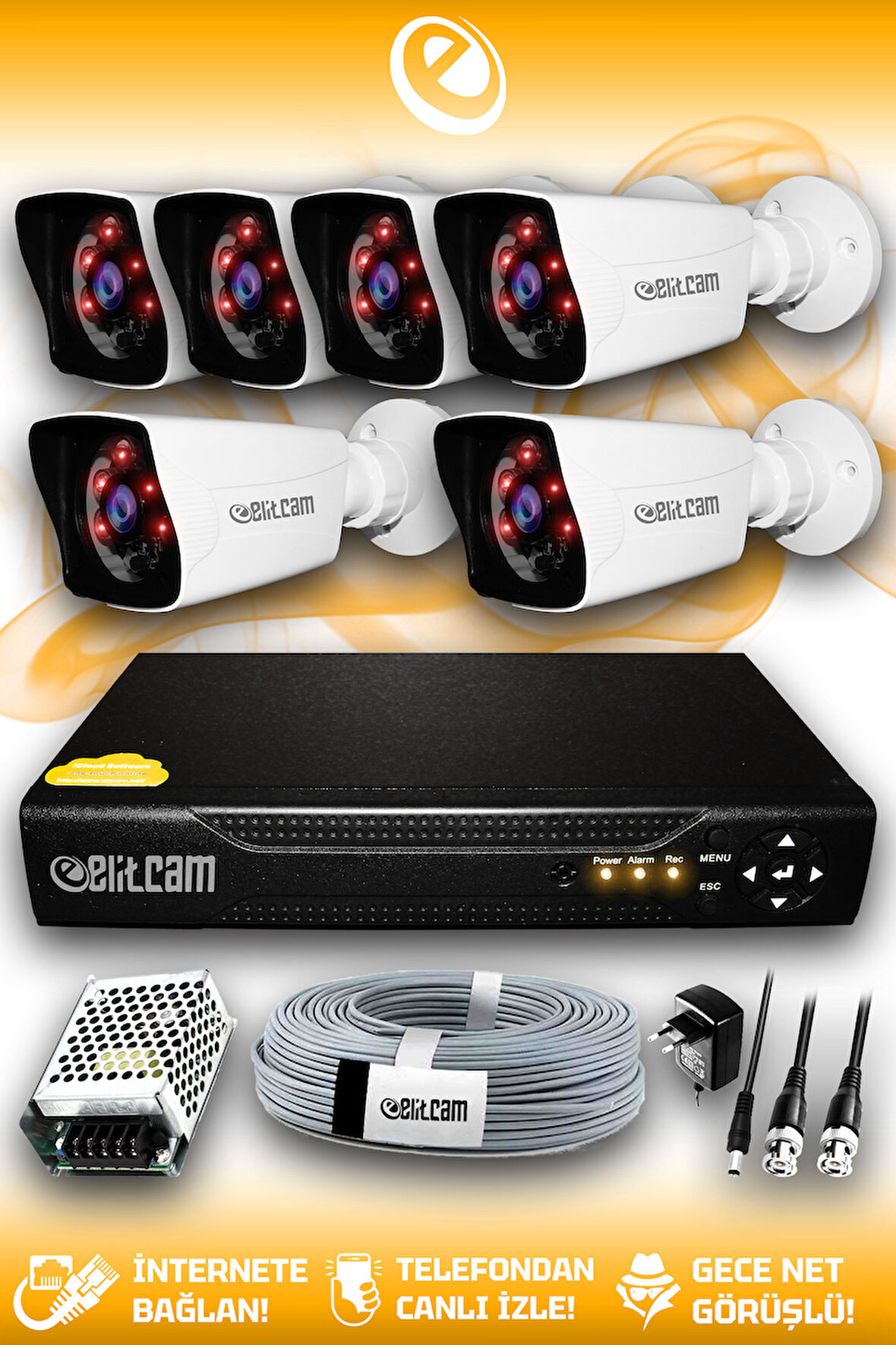 ELITCAM 6 Kameralı Kare 6 Dış Kamera Set HDD'siz Full HD Gece Görüşlü Güvenlik Kamerası Sistemi