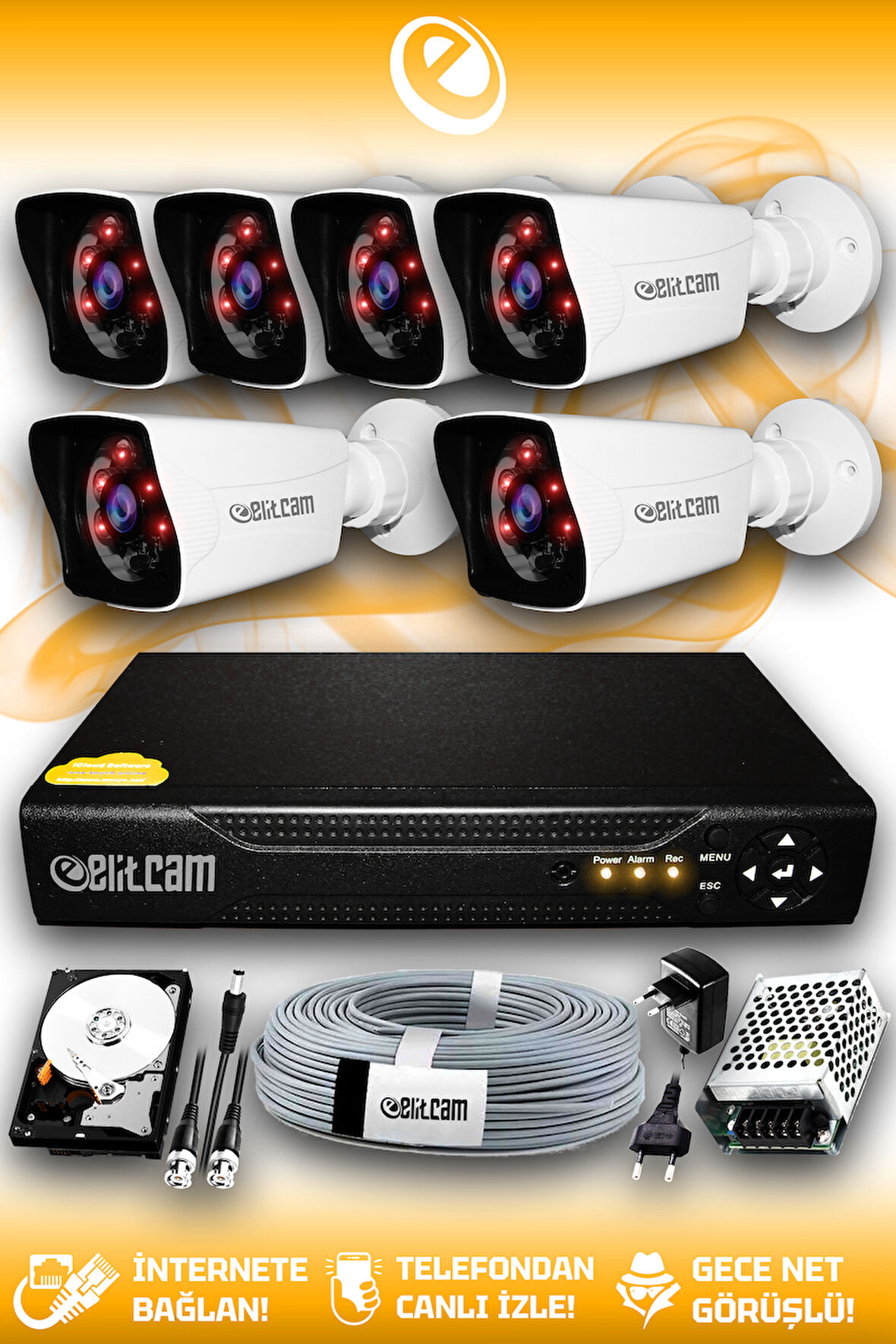 ELITCAM 6 Kameralı Kare 6 Dış Kamera Set 250 GB HDD Full HD Gece Görüşlü Güvenlik Kamerası Sistemi