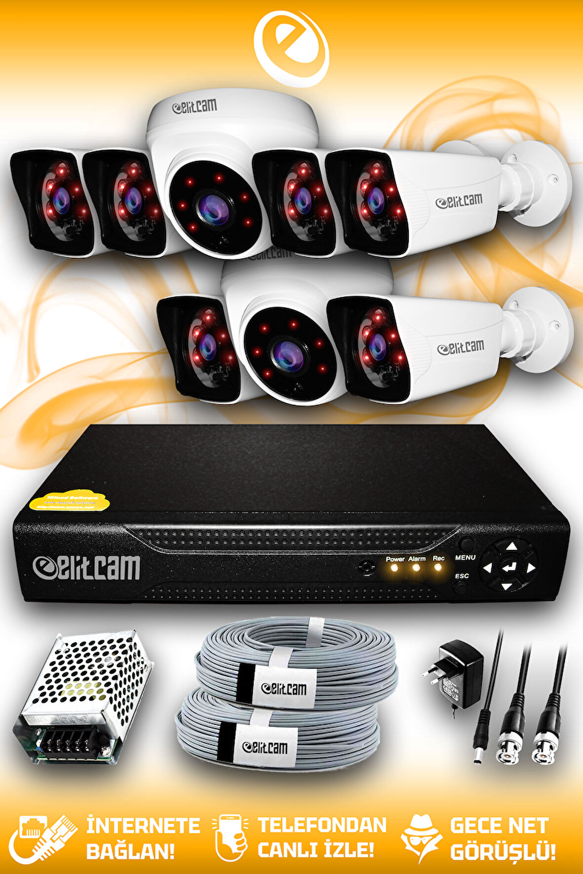 ELITCAM 8 Kameralı Kare 2 İç Kamera Set HDD'siz Full HD Gece Görüşlü Güvenlik Kamerası Sistemi