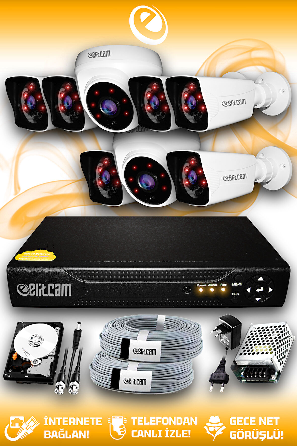 ELITCAM 8 Kameralı Kare 2 İç Kamera Set 2 TB HDD Full HD Gece Görüşlü Güvenlik Kamerası Sistemi
