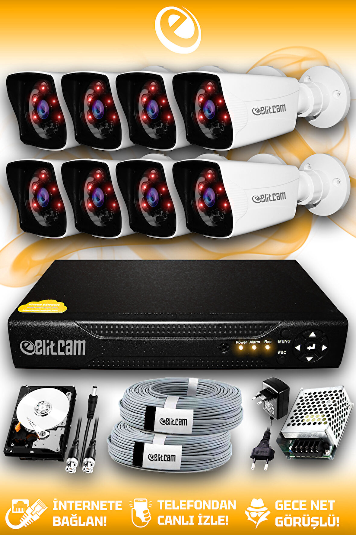 ELITCAM 8 Kameralı Kare 8 Dış Kamera Set 100 GB HDD Full HD Gece Görüşlü Güvenlik Kamerası Sistemi