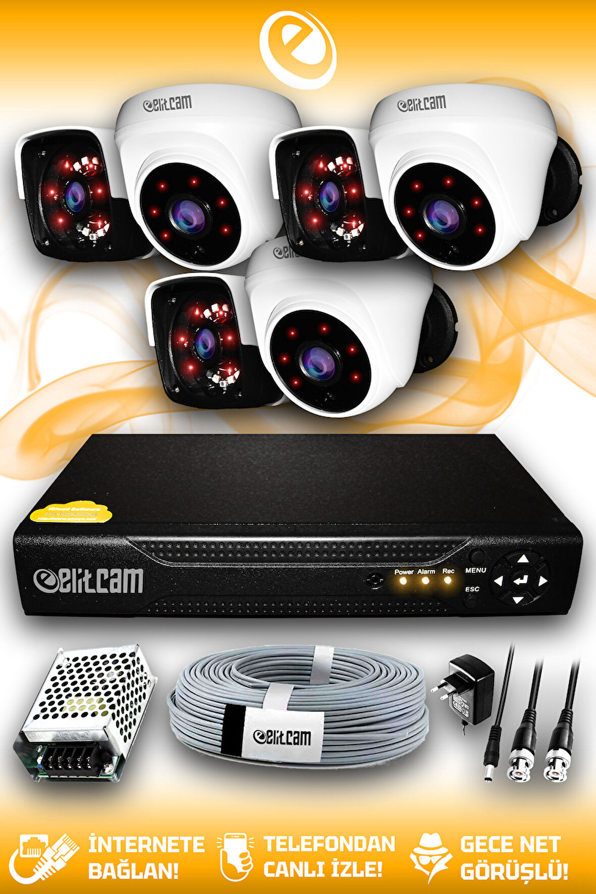 ELITCAM 6 Kameralı Panda 3 İç Kamera Set HDD'siz Full HD Gece Görüşlü Güvenlik Kamerası Sistemi