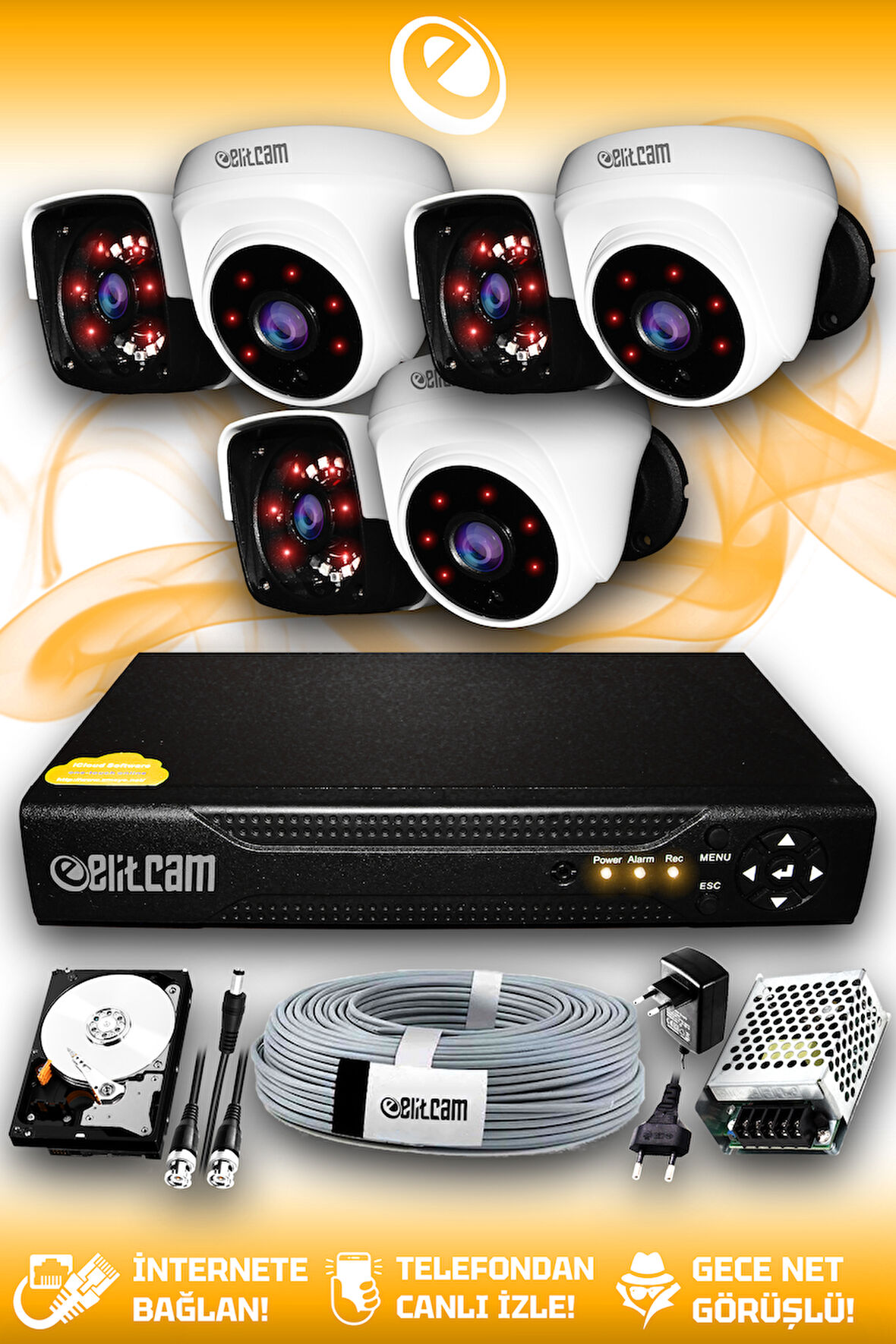 ELITCAM 6 Kameralı Panda 3 İç Kamera Set 2 TB HDD Full HD Gece Görüşlü Güvenlik Kamerası Sistemi