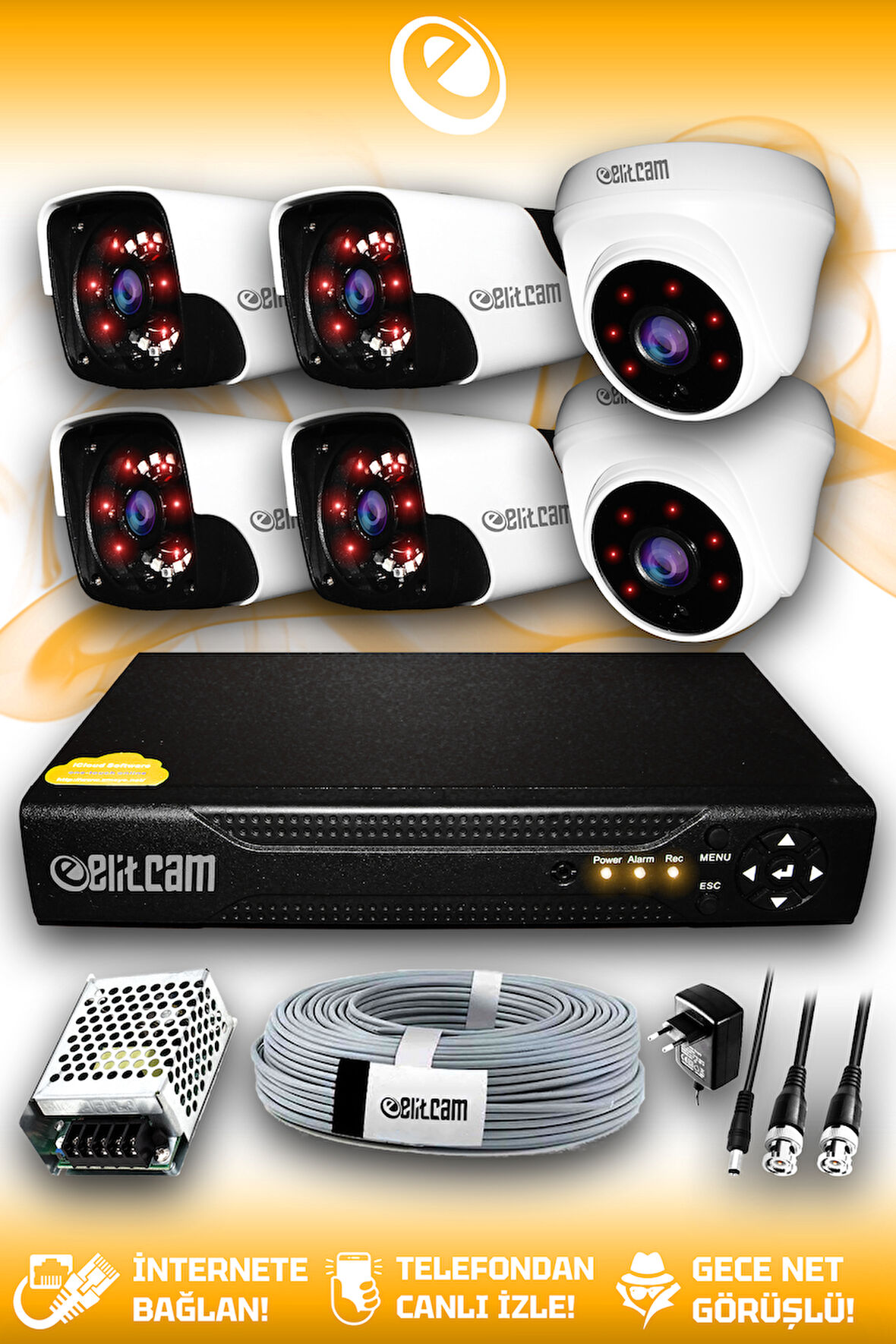 ELITCAM 6 Kameralı Panda 2 İç Kamera Set HDD'siz Full HD Gece Görüşlü Güvenlik Kamerası Sistemi