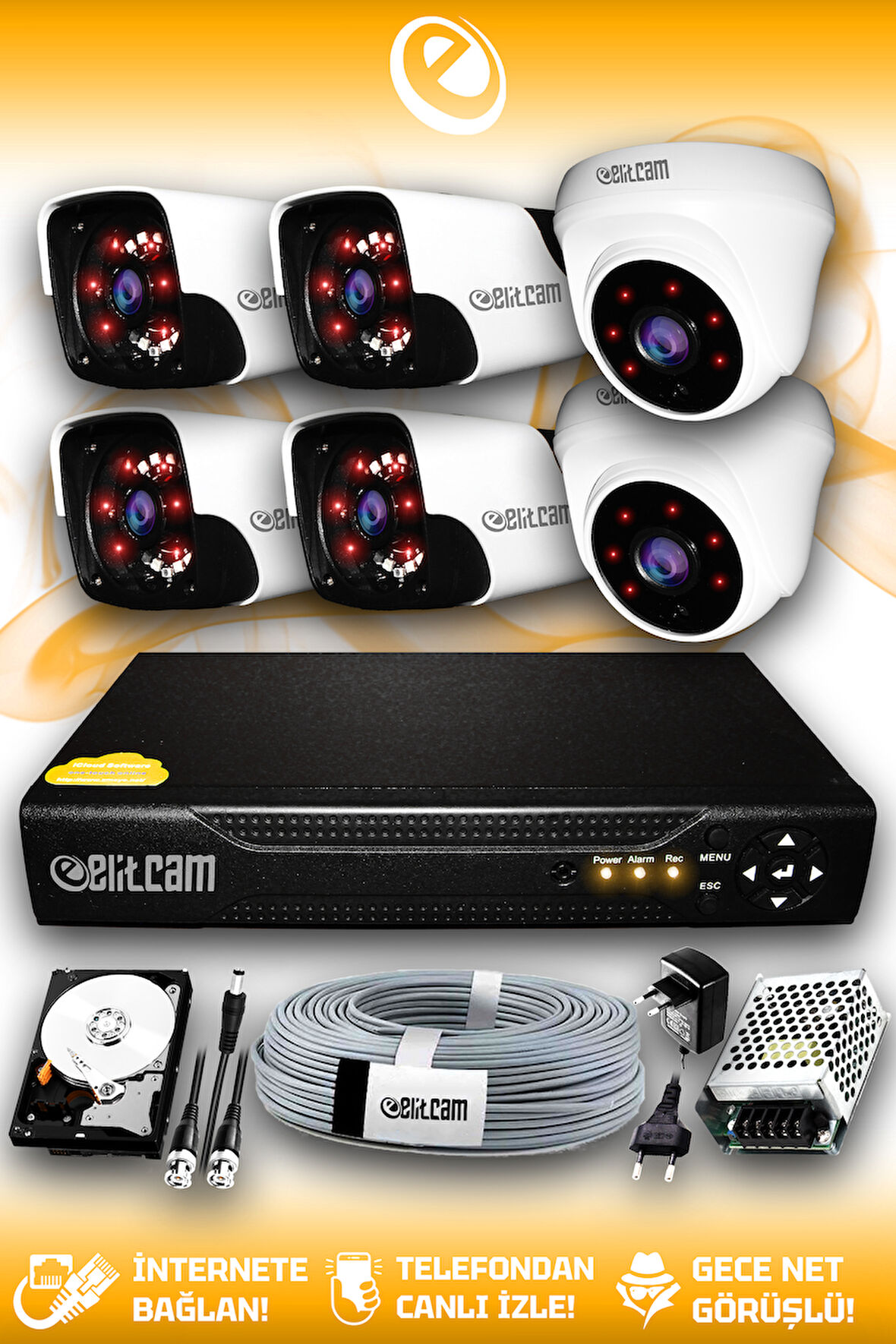 ELITCAM 6 Kameralı Panda 2 İç Kamera Set 320 GB HDD Full HD Gece Görüşlü Güvenlik Kamerası Sistemi