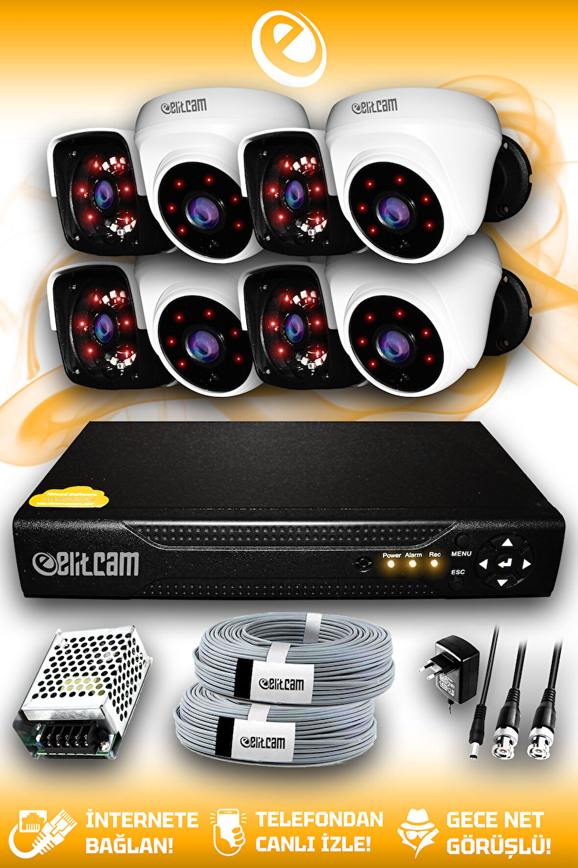 ELITCAM 8 Kameralı Panda 4 İç Kamera Set HDD'siz Full HD Gece Görüşlü Güvenlik Kamerası Sistemi