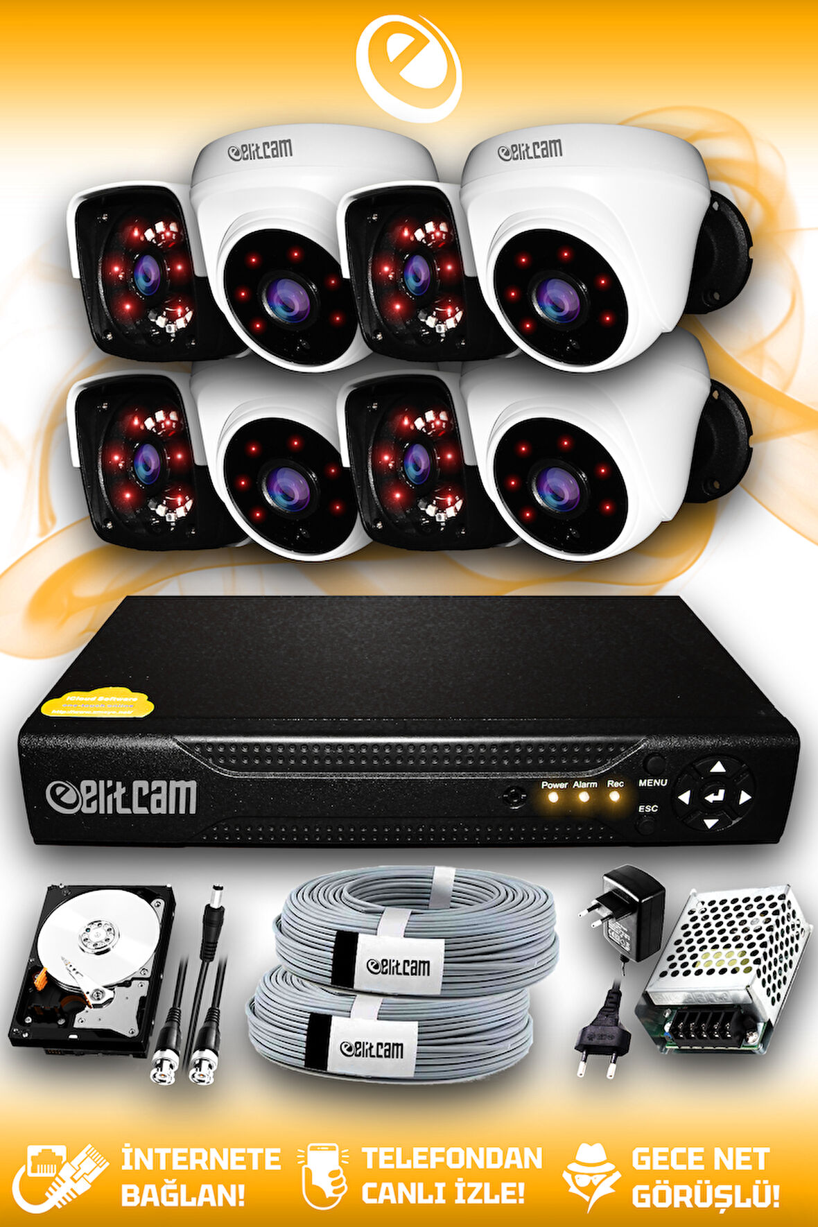 ELITCAM 8 Kameralı Panda 4 İç Kamera Set 100 GB HDD Full HD Gece Görüşlü Güvenlik Kamerası Sistemi
